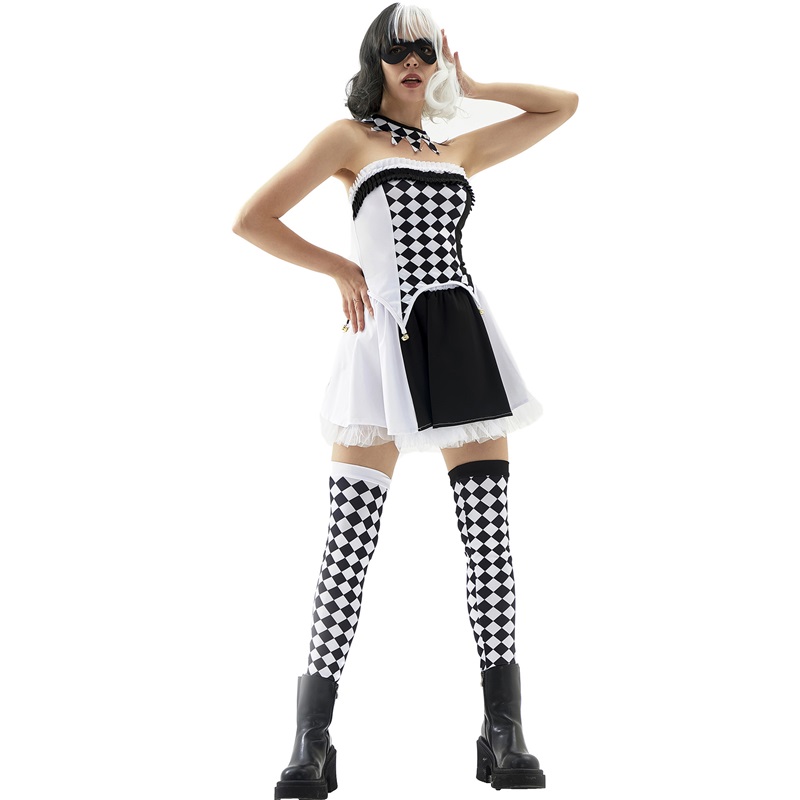 (XL) Drag Queen Vampire Clown Outfit Halloween Costume Devil Suit Role Play Check Harlequin Attire