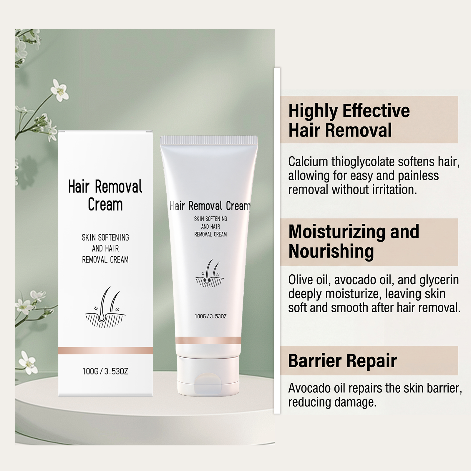 Refreshing Depilatory Cream Avocado Hydrating Mild Depilation Whole Body Arm Leg Skin Tender Smooth