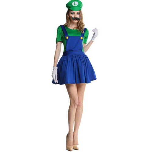 ((Women) Green Luigi, S) Adults Women Super Mario Bros Luigi Fancy Dress Outfit Sets Par