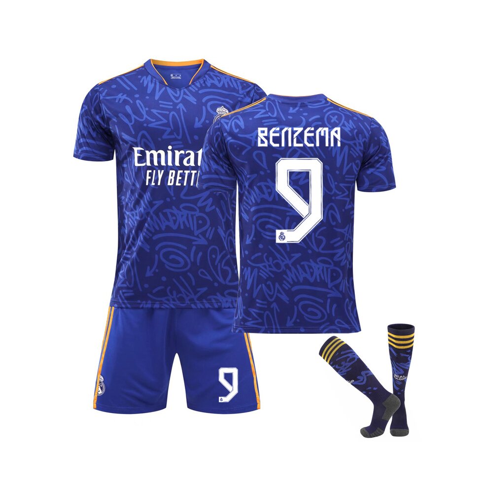 (without numer Adults XXL) Football Jersey Kits With Socks 21-22 Real Madrid Away Sapphire Football Jersey Suit For Adults Kids Boys Soccer Training T-shirt UINIJR MODRIC BENZEMA KROOS and HAZARD Fans Gift Blue
