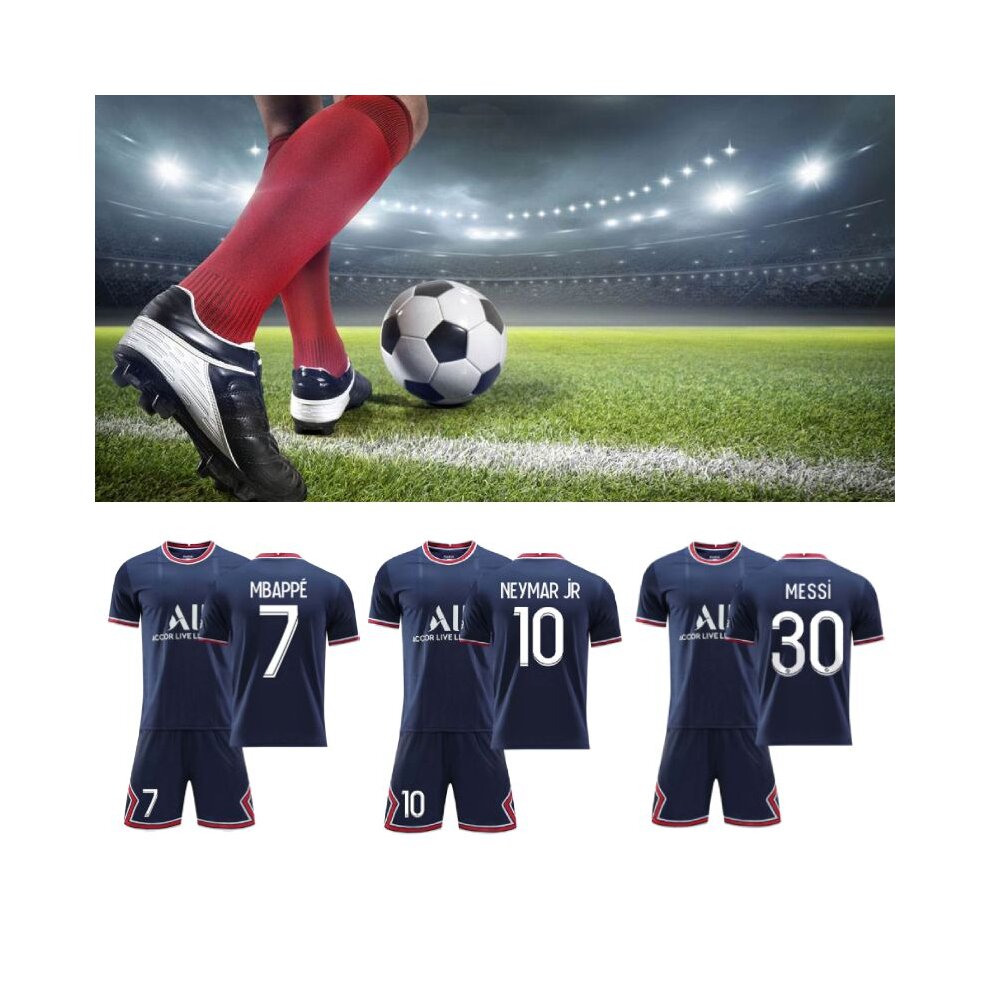 (NYMAR JR 5PCS Set Kids 12~13 Years 28) PSG Jersey Kit with Messi NYMAR JR MBAPPE Di Maria Number 30 10 7 11 Sign Men Boys Teens Home France Football Jersey Unisex Kids Adult Football Training Jersey Soccer Sports Set 2022 Paris Outdoor Football Clothing T Shirt Blue