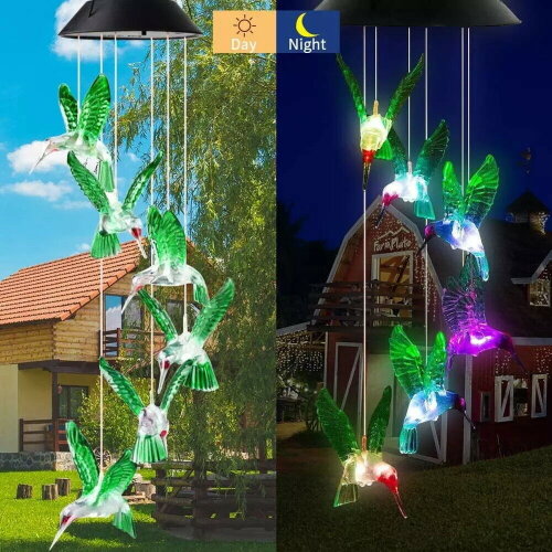 LED Colorful Solar Power Wind Chime Crystal Hummingbird Outdoor Light