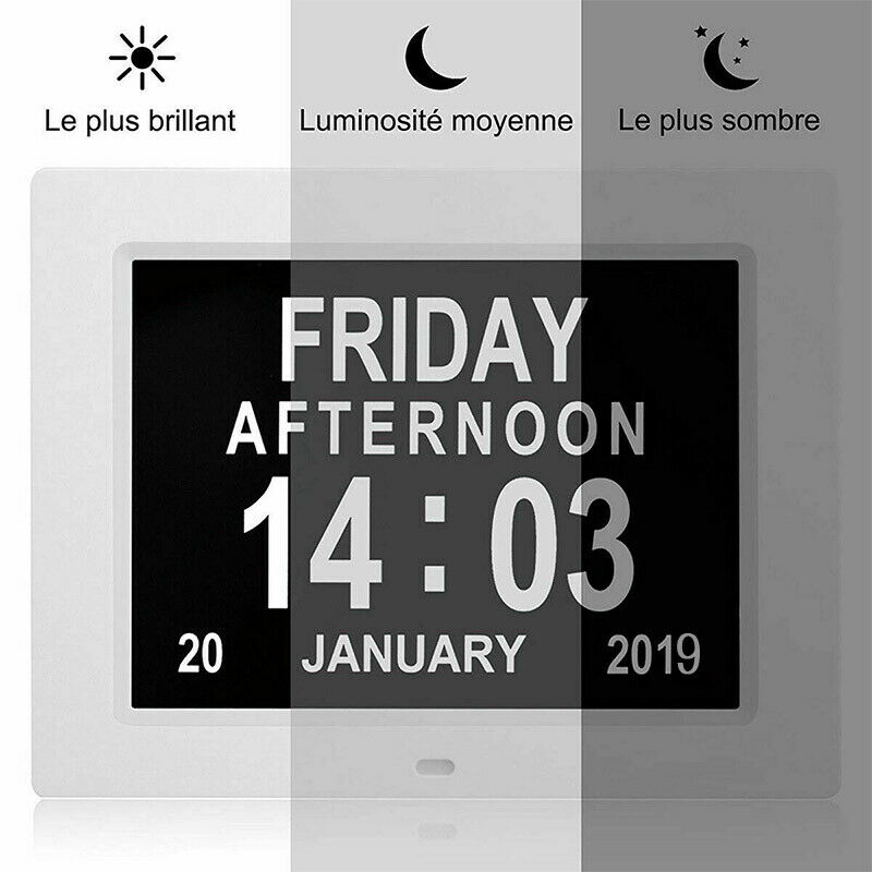 (White) Dementia Clock 8 Inches Calendar Date Clock Memory Loss Day Clock Extra Large Non-Abbreviated Day Month Digital Clock