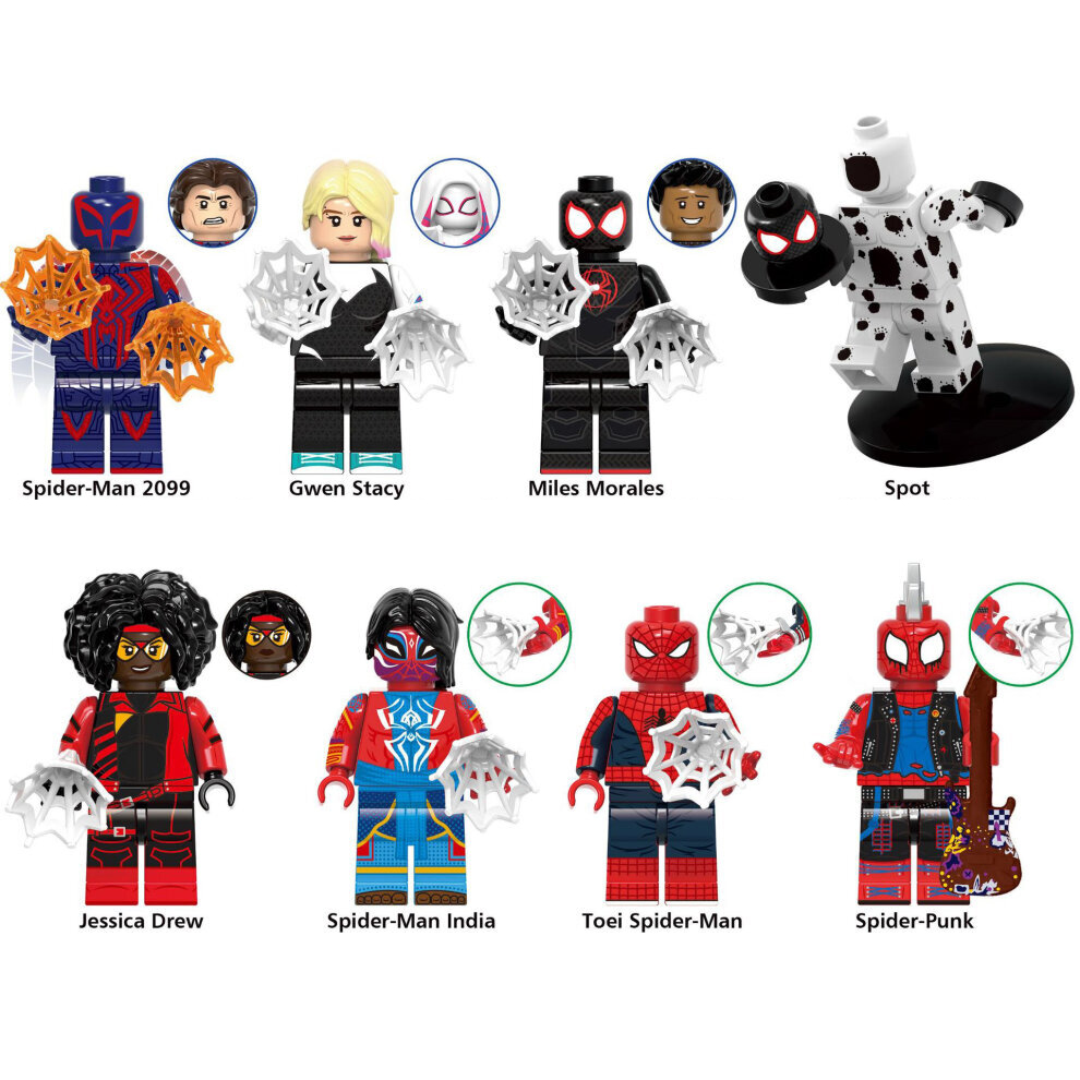 Across the Spider-Verse Minifigures Model Spider-Man Super Heroes Building Blocks Toy Fit Lego Birthday Gift Idea for Kids 8PCS Set