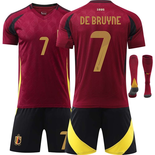 Football Kit 2024 European Cup Belgium Home Kit with No.7 De Bruyne Soccer Jersey Set Shorts Socks Kids Tracksuit Football Training Sports Activewear