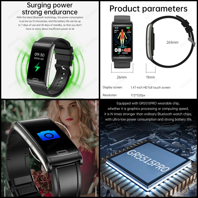(Blue) Health Blood Sugar Smart Bracelet IP68 Sport Smartwatch ECG Blood Pressure Heart Rate Smart Watch