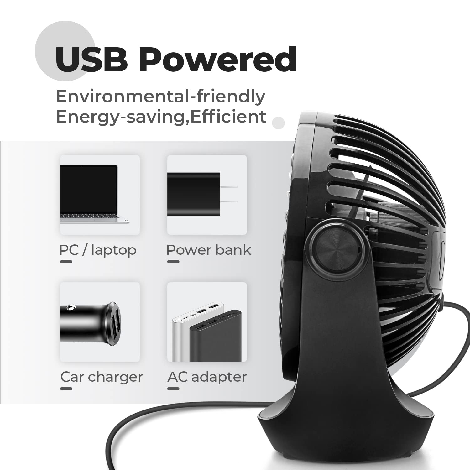 (Black) OCOOPA USB Desk Table Fan with Strong Airflow Quiet Operation Portable Cooling Fan Speed Adjustable Rotatable Head for Home Office Bedroom Table and Desktop