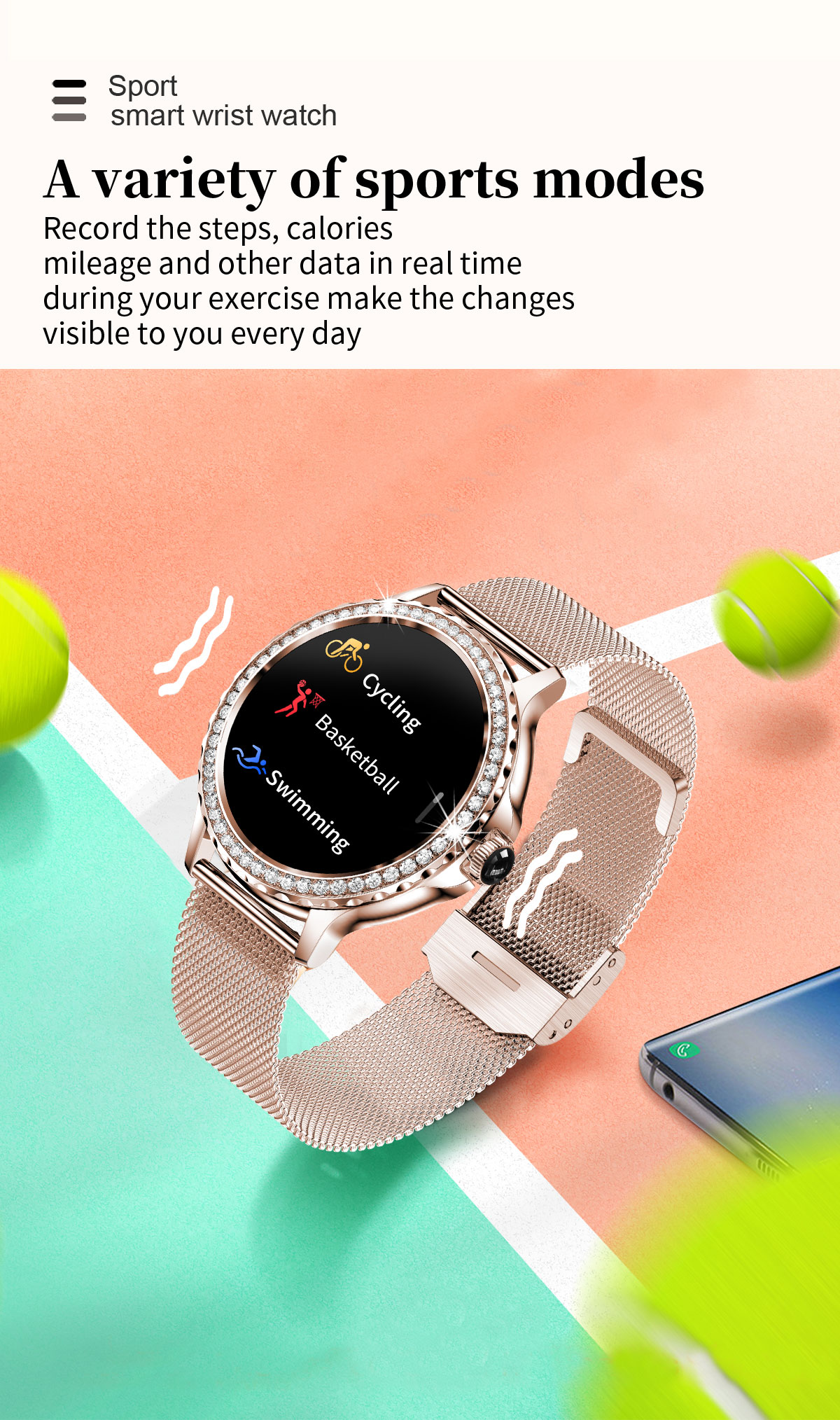 (Rose Gold) Women Smart Watch Fashion Bluetooth Call Intelligent Sports Bracelet IP68 Waterproof Watch Embedding Smartwatch for Android iOS Phones