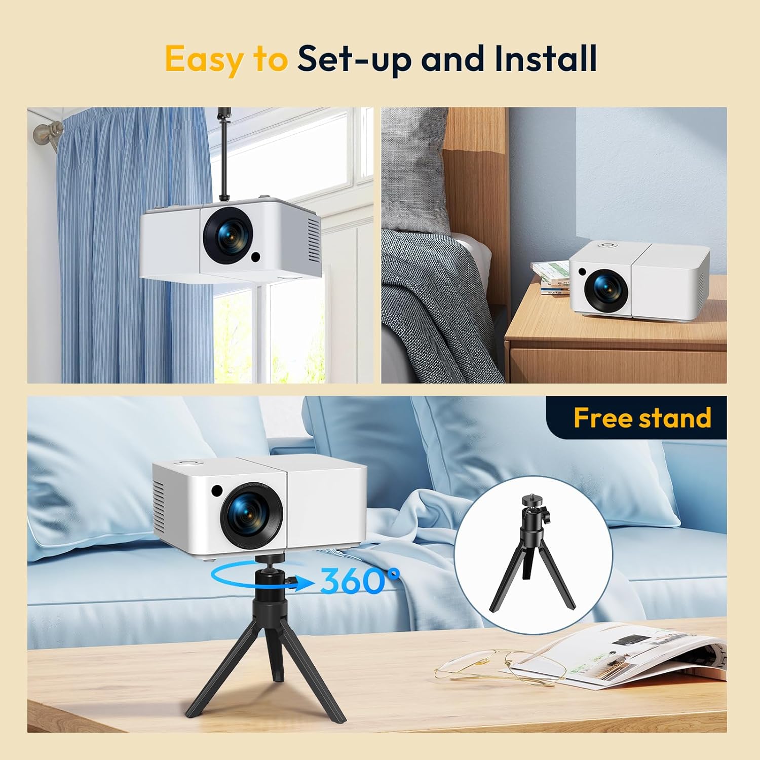 Mini Smart Projector Android 12 Portable HD Projector 14000 Lumen 1080P Supported with WiFi and Bluetooth Electric Focus Keystone Built-in Netflix YouTube APPs Tripod Included