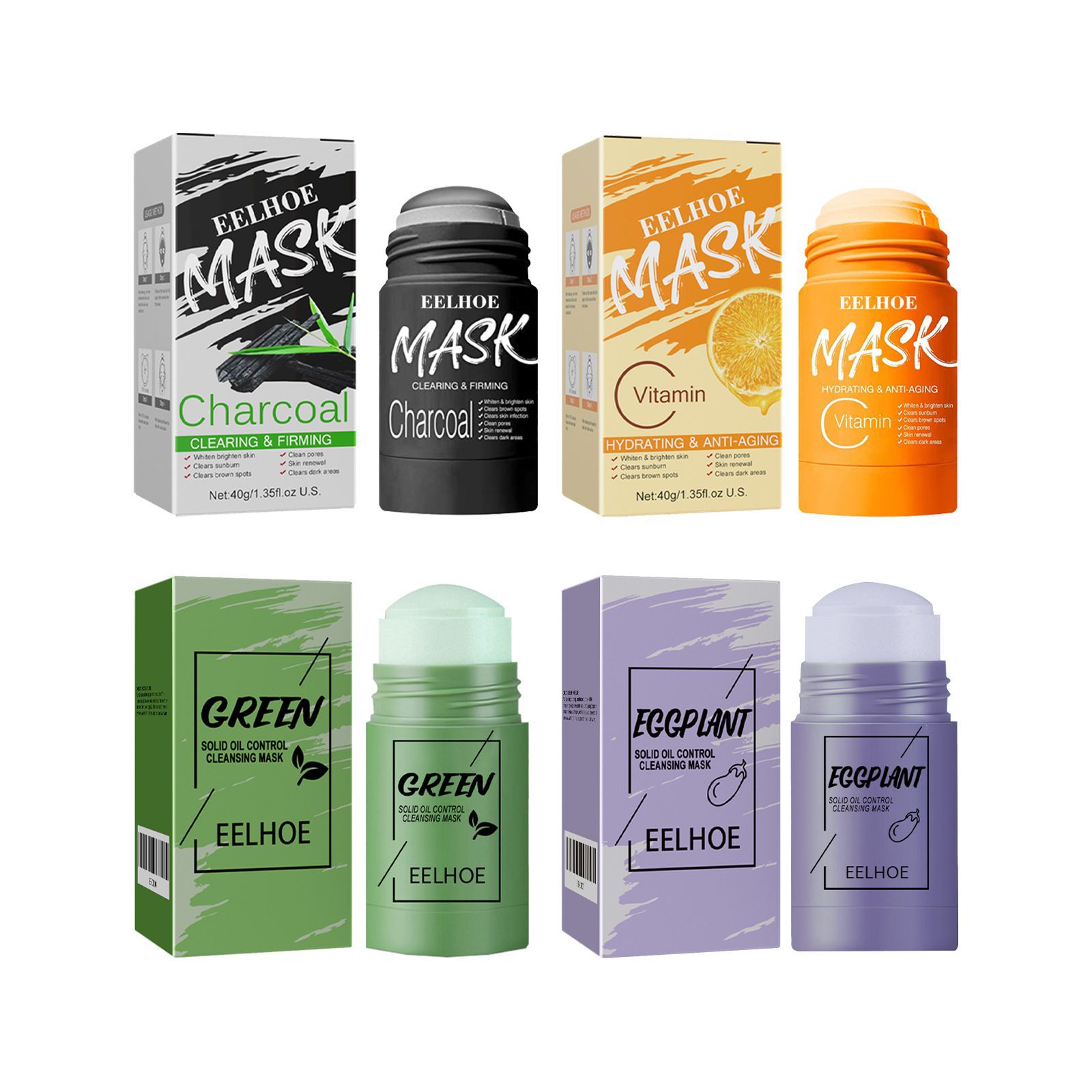 (Vitamin C) Green Tea Eggplant Cleansing Solid Face Mask Stick Hydrating Firming Cleans Pores Remove Blackhead Oil Control Moisturizing Beauty Skin Care Tools