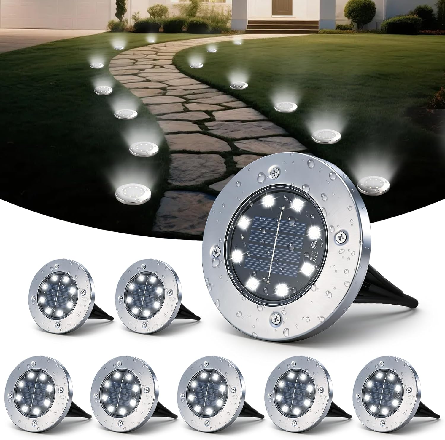 Solar Lights Outdoor Garden - 8 Pack Solar Ground Lights 8 LED Solar-Powered Disk Light Outdoor IP65 Waterproof Landscape Lighting for Garden Pathway Lawn Patio