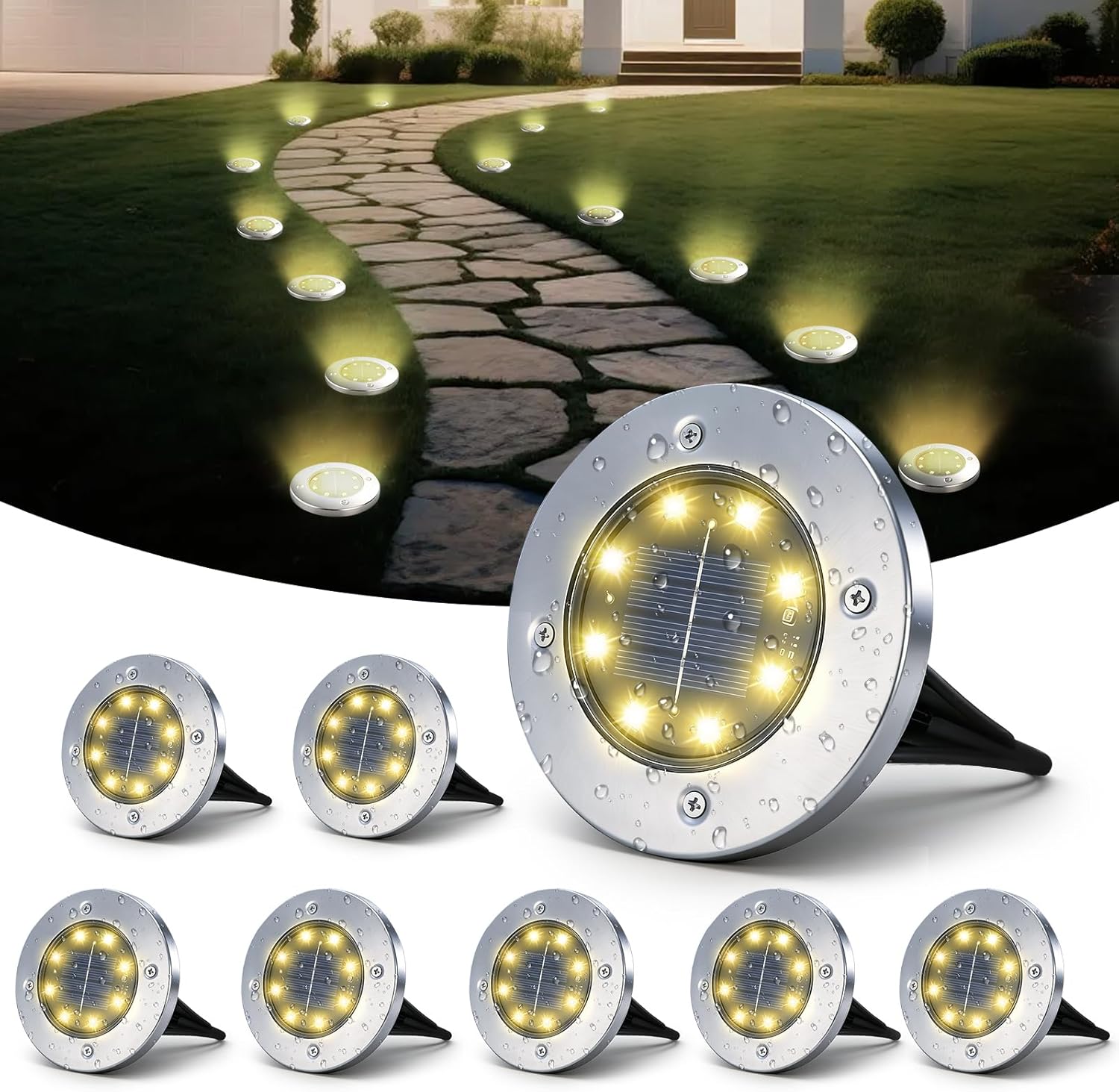 (White) Solar Lights Outdoor Garden - 8 Pack Solar Ground Lights 8 LED Solar-Powered Disk Light Outdoor IP65 Waterproof Landscape Lighting for Garden Pathway Lawn Patio