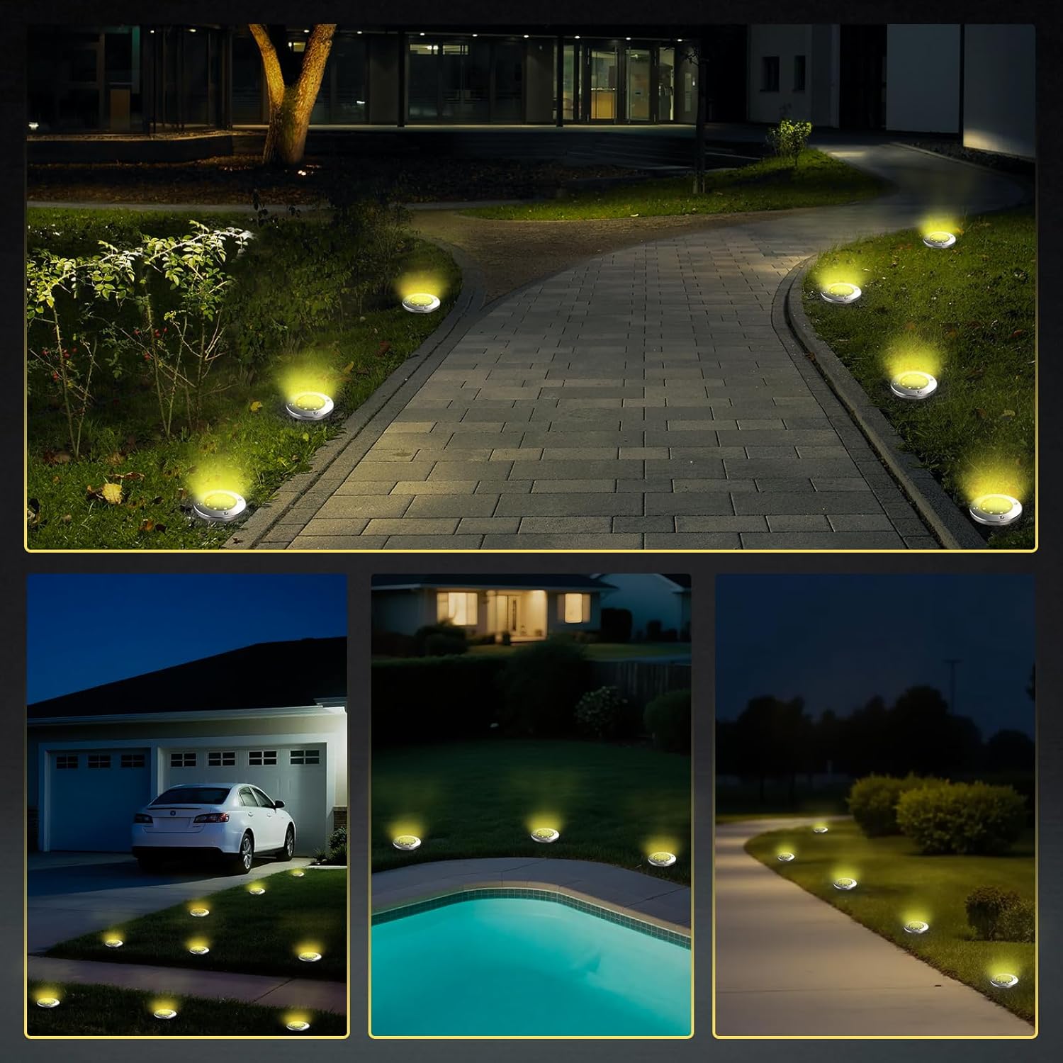 (Warm White) Solar Lights Outdoor Garden - 8 Pack Solar Ground Lights 8 LED Solar-Powered Disk Light Outdoor IP65 Waterproof Landscape Lighting for Garden Pathway Lawn Patio