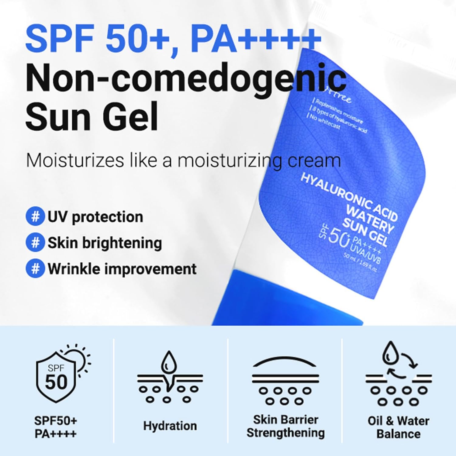 ISNTREE Hyaluronic Acid Watery Sun Gel 50 ml SPF 50 PA UVA UVB Sunscreen Lightweight Hydrating Gel No White Cast Daily UV Protection Daily Use Korean Skincare