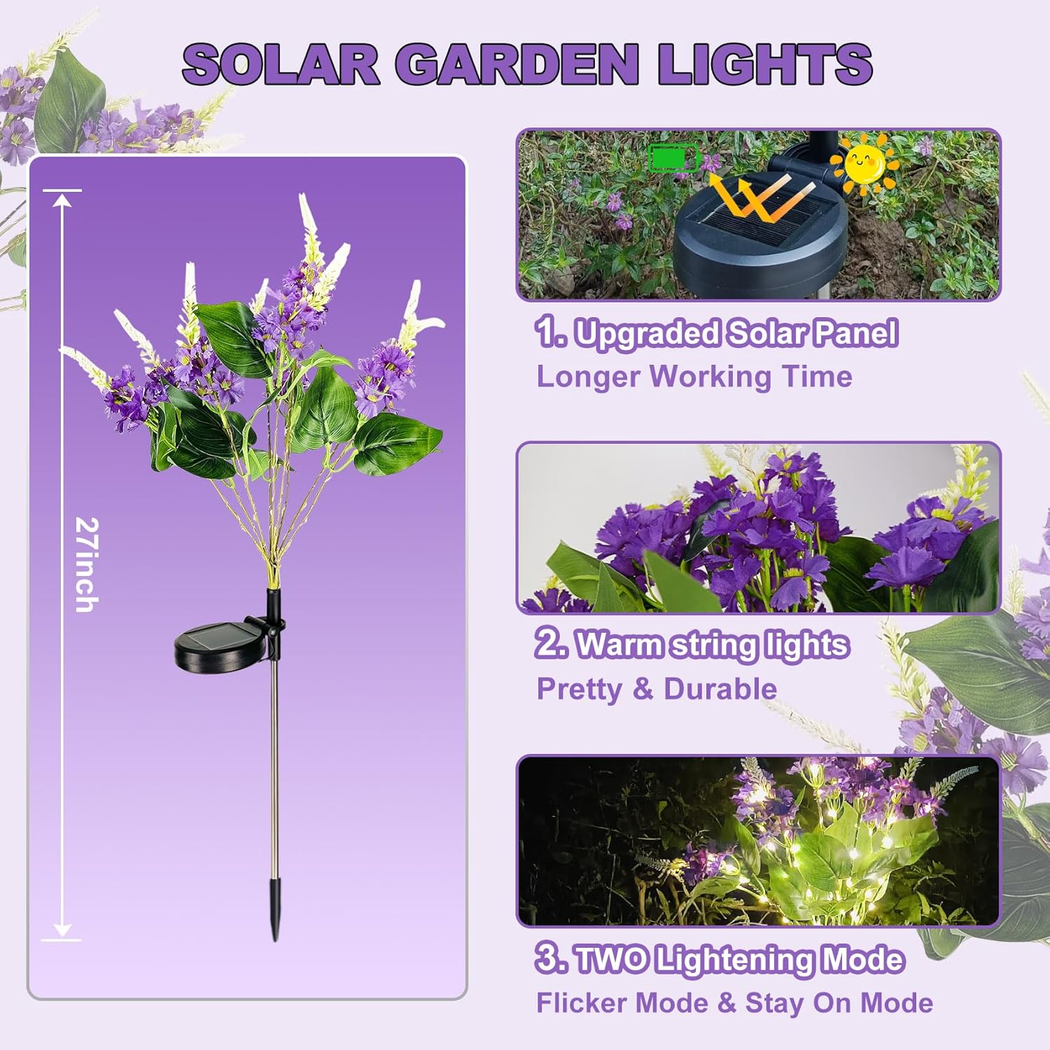 (White) Solar Flower Lights Outdoor Garden 2 Pack Lilac Outdoor Lights Waterproof, Decorative Flower Garden Ornaments for Lawn Patio Porch Flowerbed Pathway Cemetery 