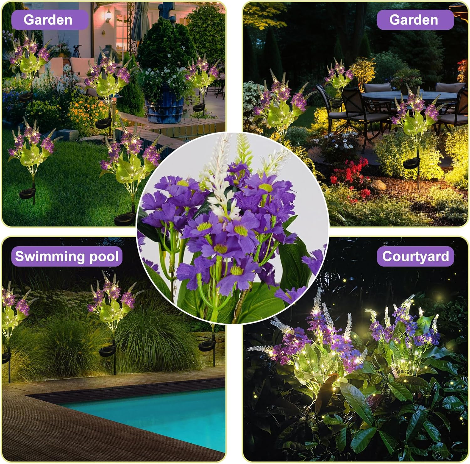 (White) Solar Flower Lights Outdoor Garden 2 Pack Lilac Outdoor Lights Waterproof, Decorative Flower Garden Ornaments for Lawn Patio Porch Flowerbed Pathway Cemetery 