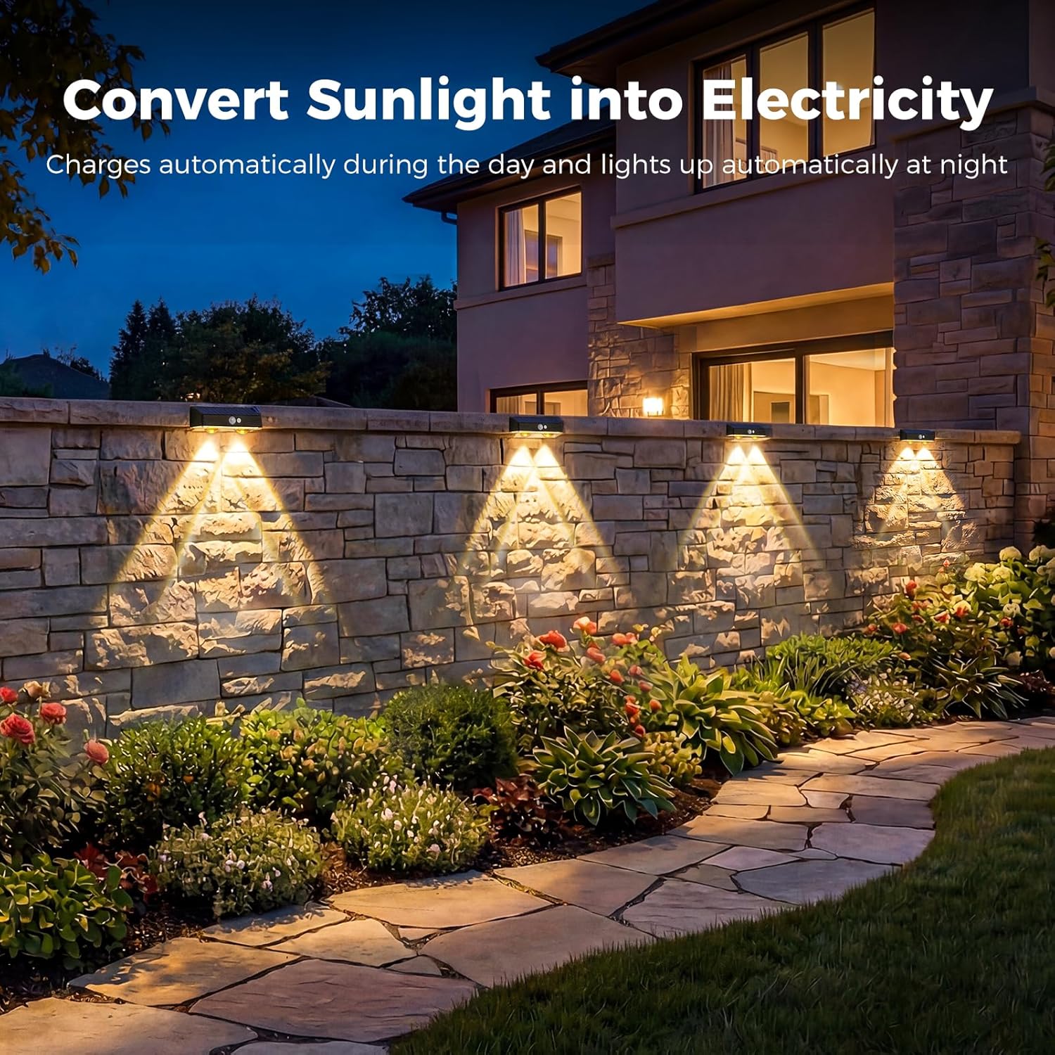 Solar Lights Outdoor Garden 4 Pack Solar Fence Lights with Warm White and Multi-Colour Changing Modes Waterproof Garden Ornaments Outdoor for Fence Stairs Step