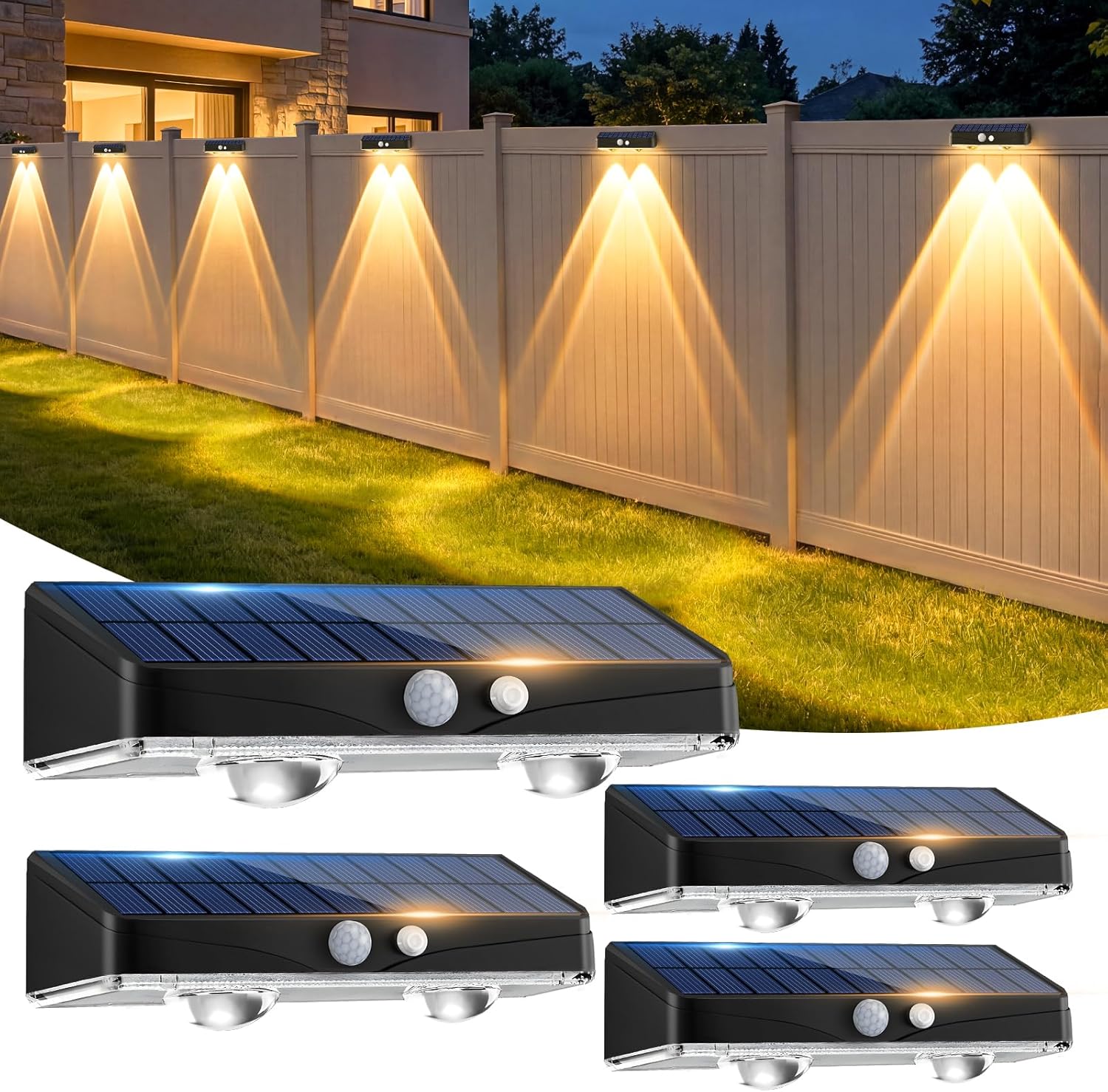 Solar Lights Outdoor Garden 4 Pack Solar Fence Lights with Warm White and Multi-Colour Changing Modes Waterproof Garden Ornaments Outdoor for Fence Stairs Step