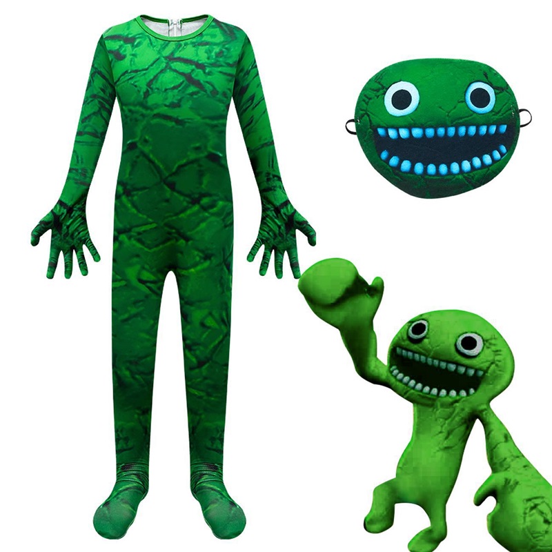 (120) Green Little Monster Costume All In One Outfit Halloween Rainbow Friends Roblox Game Cosplay Clothing