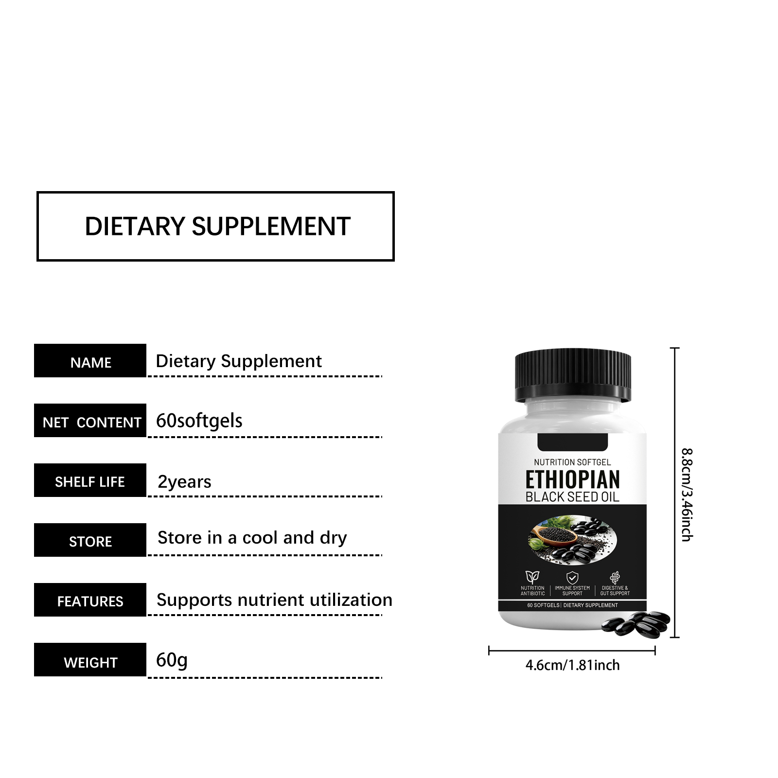 Black Seed Oil Nutritional Support Capsules Daily Body Care Dietary Supplement For General Physical Nourishment Health Maintenance Natural Oral Nutrient