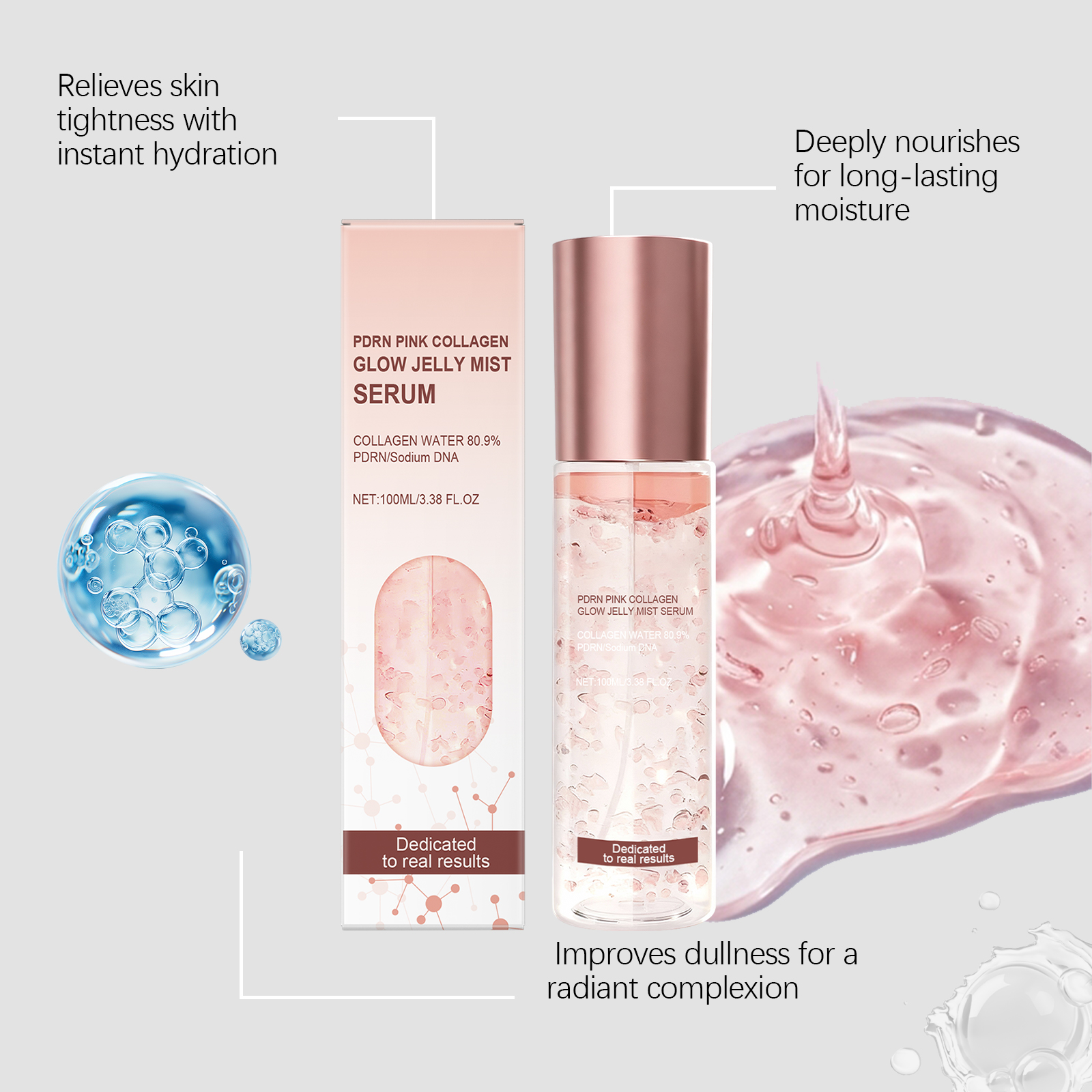 Pink Hydrating Jelly Essence Moist Cool Non Sticky Bright Soft Skin Facial Care Liquid Deep Nourish Smooth Glow