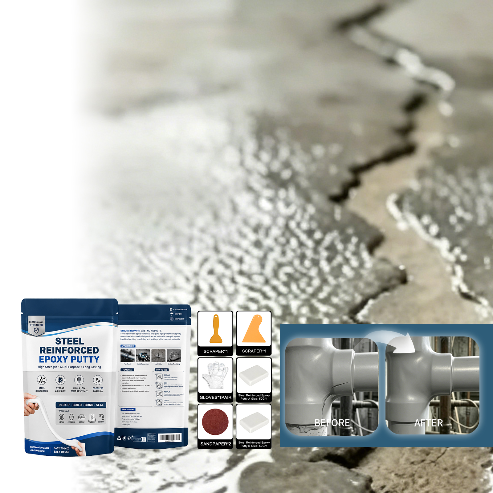 Multipurpose Repair Ab Glue Strong Adhesive Wear Resistant Fix For Home Floor Metal Crack Damaged Surfaces