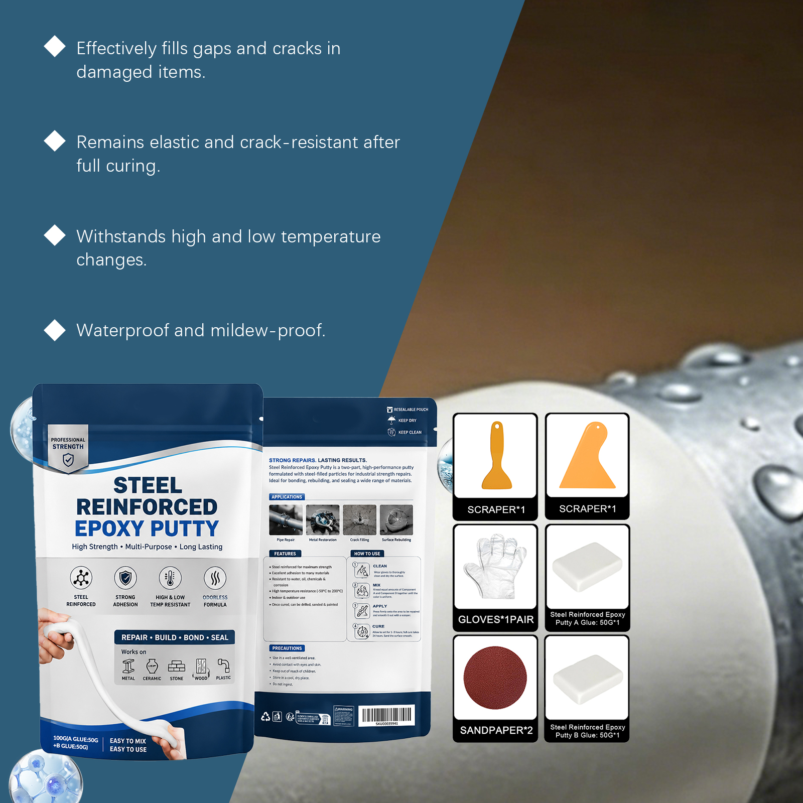 Multipurpose Repair Ab Glue Strong Adhesive Wear Resistant Fix For Home Floor Metal Crack Damaged Surfaces