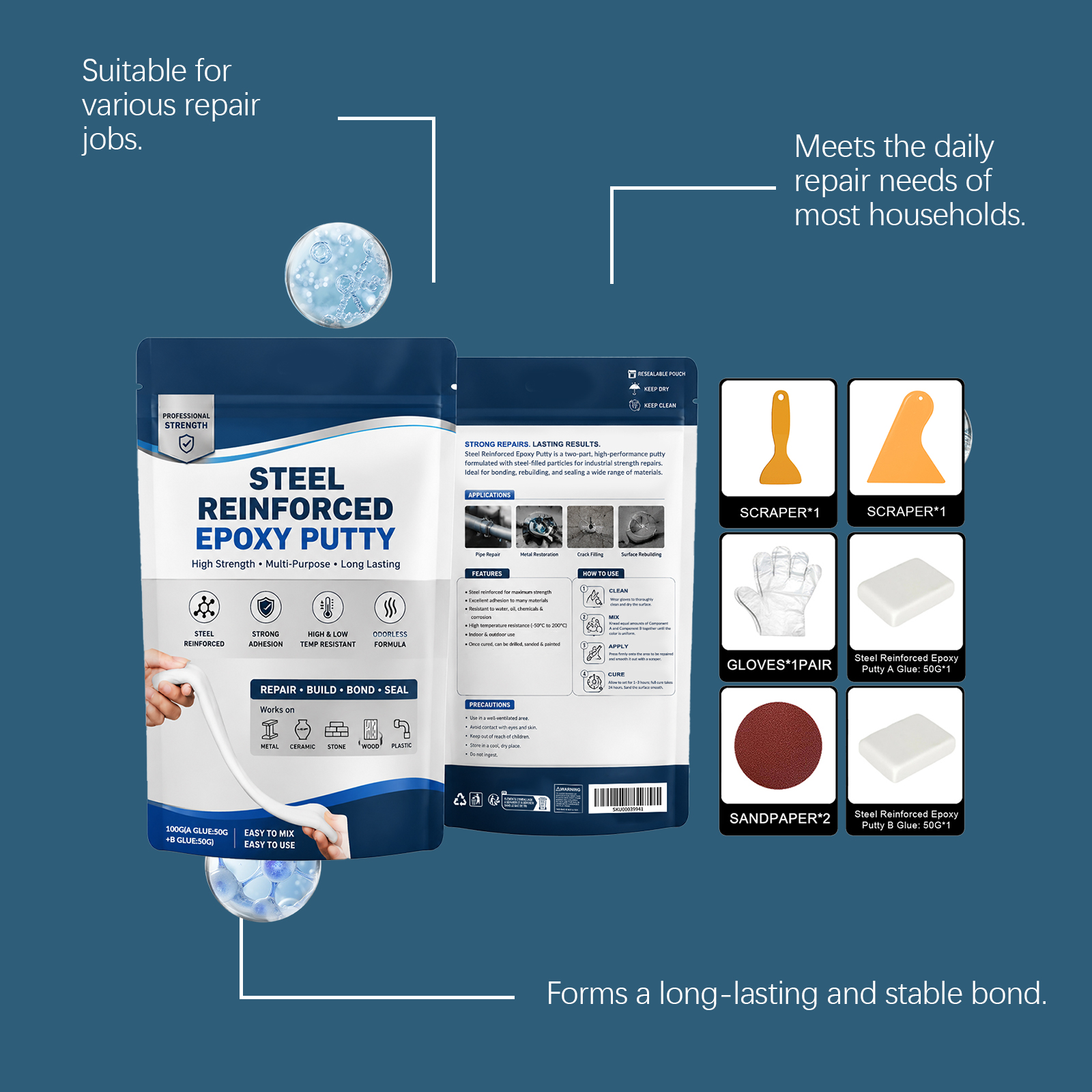 Multipurpose Repair Ab Glue Strong Adhesive Wear Resistant Fix For Home Floor Metal Crack Damaged Surfaces