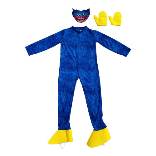 (Blue, M) Kids Huggy Wuggy Poppy Playtime Cosplay Costume Bodysuit Jumpsuit Mask Gloves