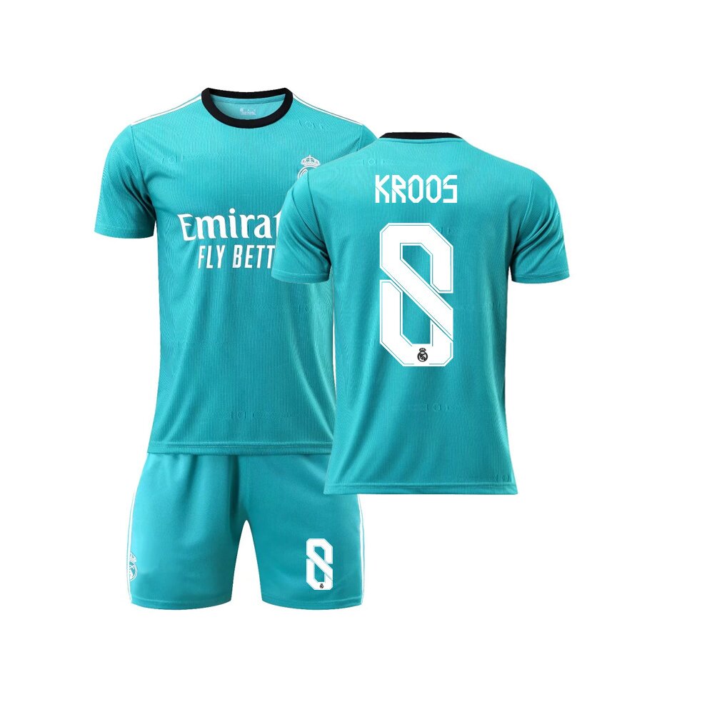 (KROOS Kids 28) Football Jersey 21-22 Real Madrid Football Club2 Green T-shirt with Number Name KROOS BENZEMA MODRIC Soccer Sports Uniforms for Adults Youths Kids Boys Outdoors Sportswear Training