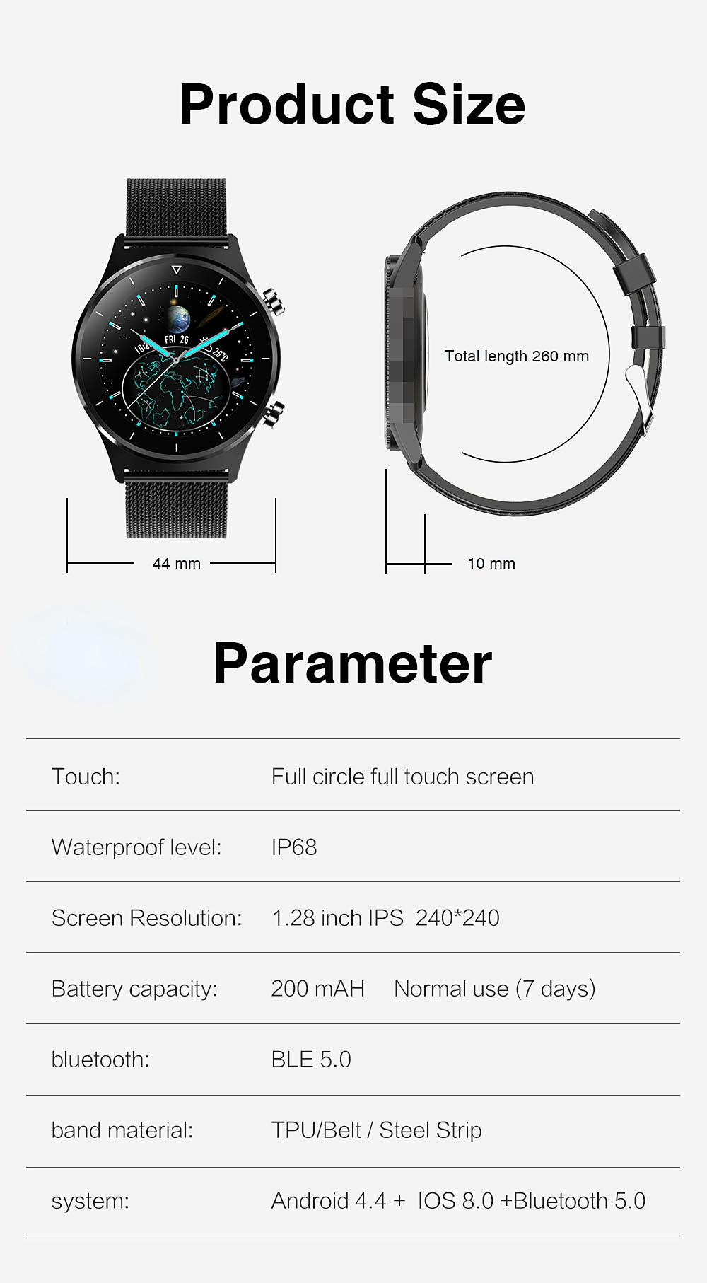 (Silver Steel) Custom Watch Dial Fitness Watch Music Player Activity Trackers Smartwatch For Android iOS Message Reminder