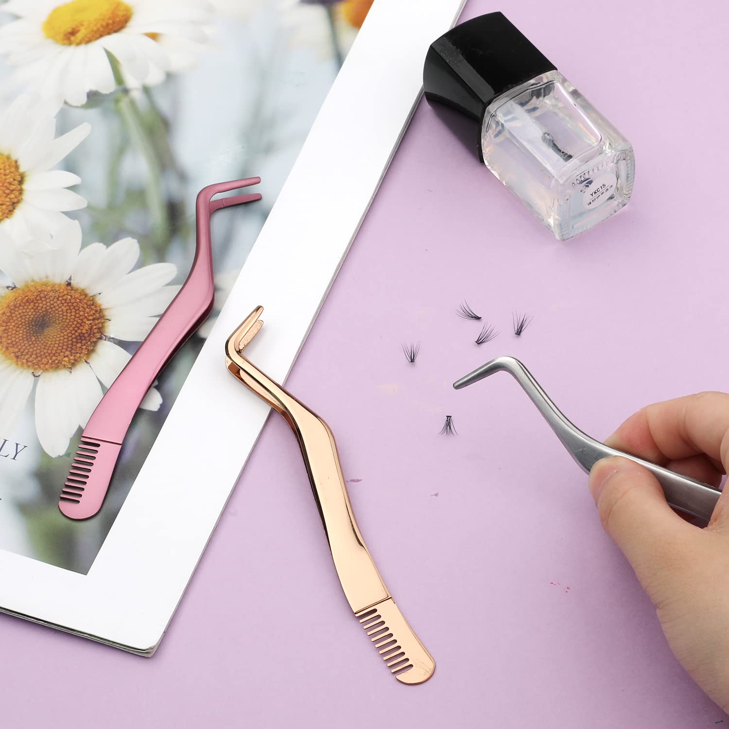 Eyelashes Tweezers False Lashes Applicator Stainless Steel Lash Extension Tweezers with Comb Classic Lashes Smeared Natural Beauty Tools for Volume Isolation Ergonomic Curved Makeup Artist Salon Home Use 3pcs Set