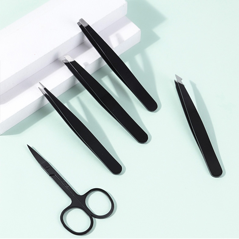 (4pcs Set) Eyelashes Tweezers Stainless Steel Eyebrow Tong Clip Stickers With Case Makeup Tool Set Beauty Professional Accessory
