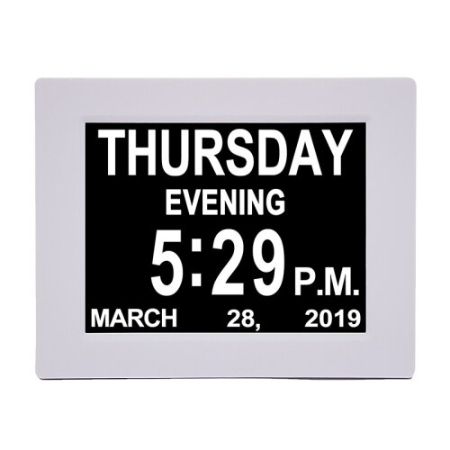 (White) Dementia Clock 8 Inches Calendar Date Clock Memory Loss Day Clock Extra Large Non-Abbreviated Day Month Digital Clock