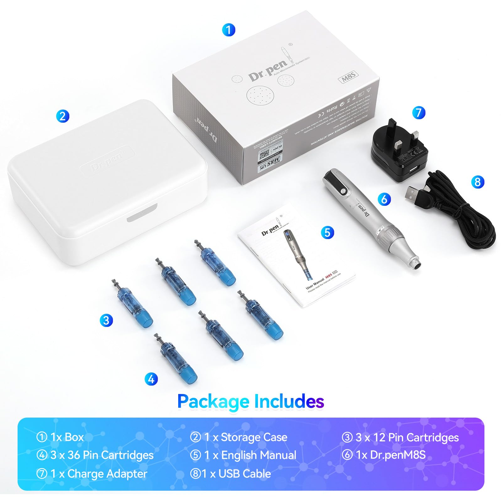 (Derma Pen M8S) Microneedling Dr.pen M8S Professional Dermapen Wireless Microneedling Pen Electric Derma Pen with 6pcs 12PIN 36PIN Cartridges Micro Needle Replacement