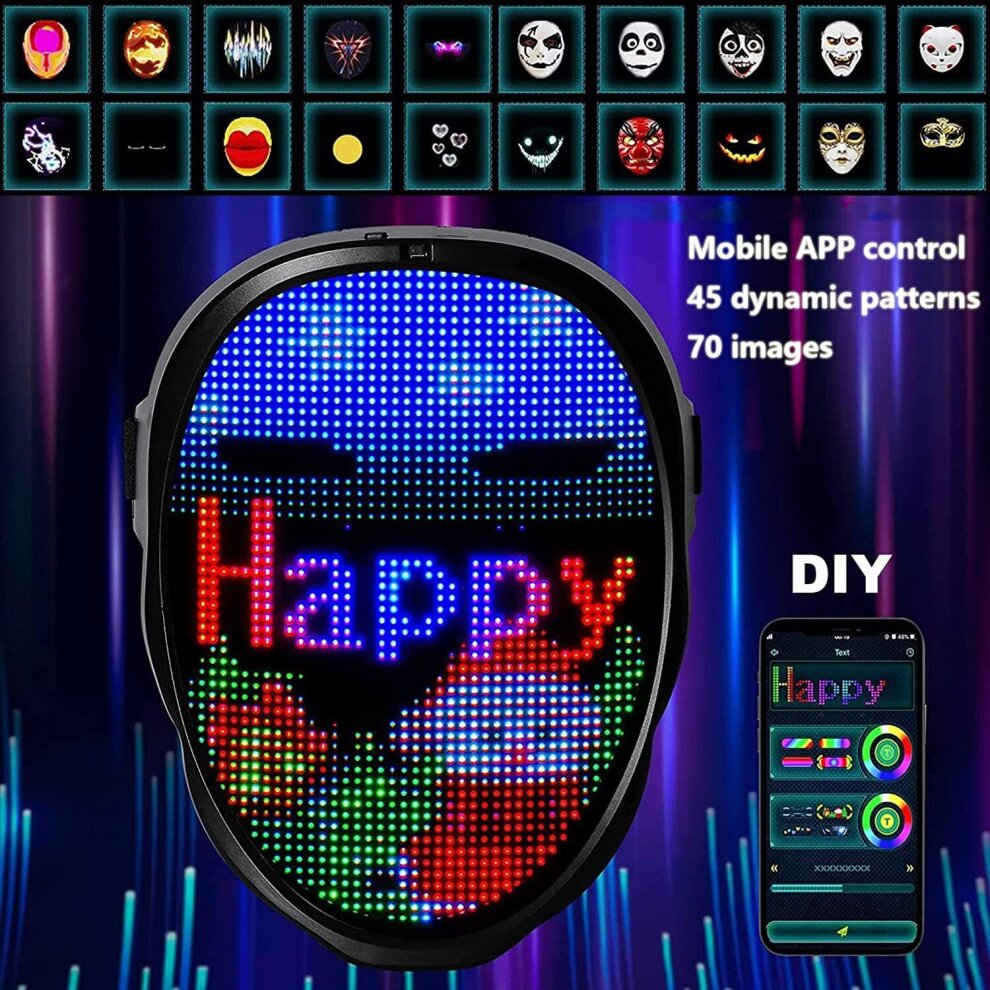 LED Mask Programmable App Control Halloween Costume Party Rave Club