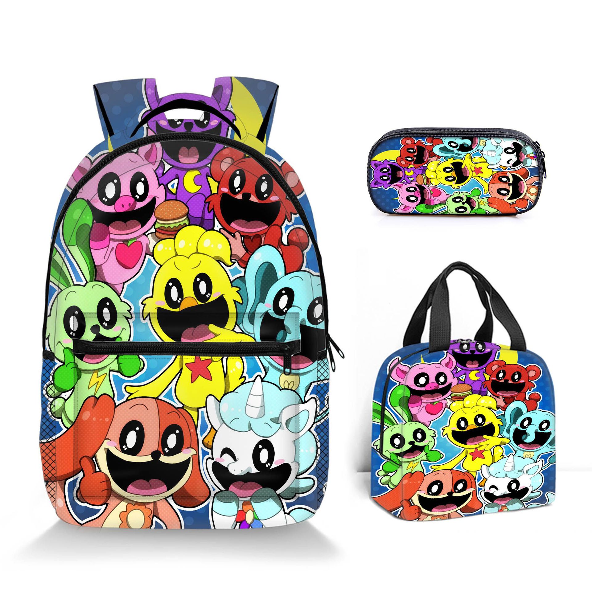 (A) 3PCS Smiling Critters Backpack Shoulder Bag Pencil Case Student Gift