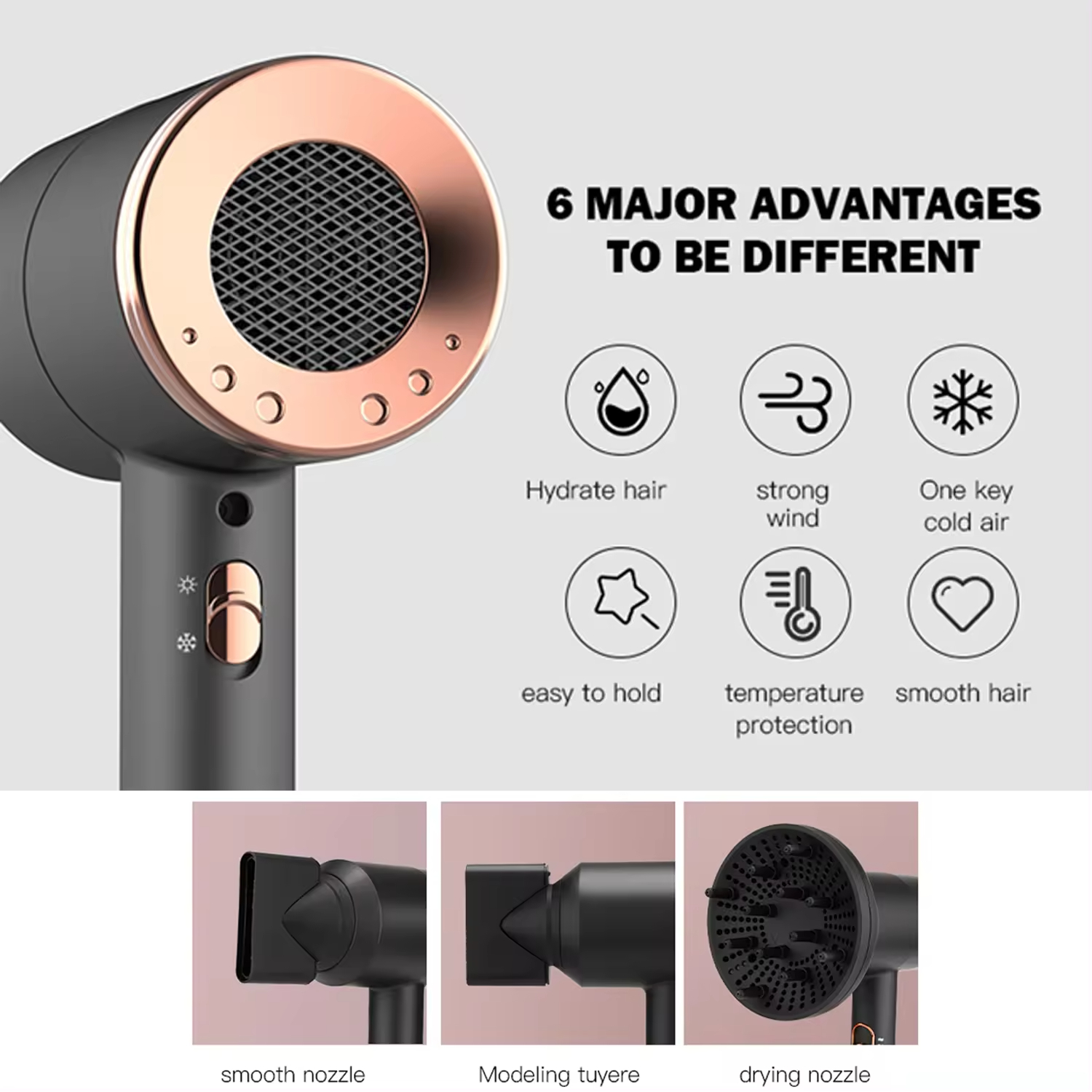 (Grey) Professional Super Sonic Hair Dryer 2000W Ion Blow Dryer High Speed 2000W Hair Dryer Set Household Hotel Salon Hammer Blow Dryer