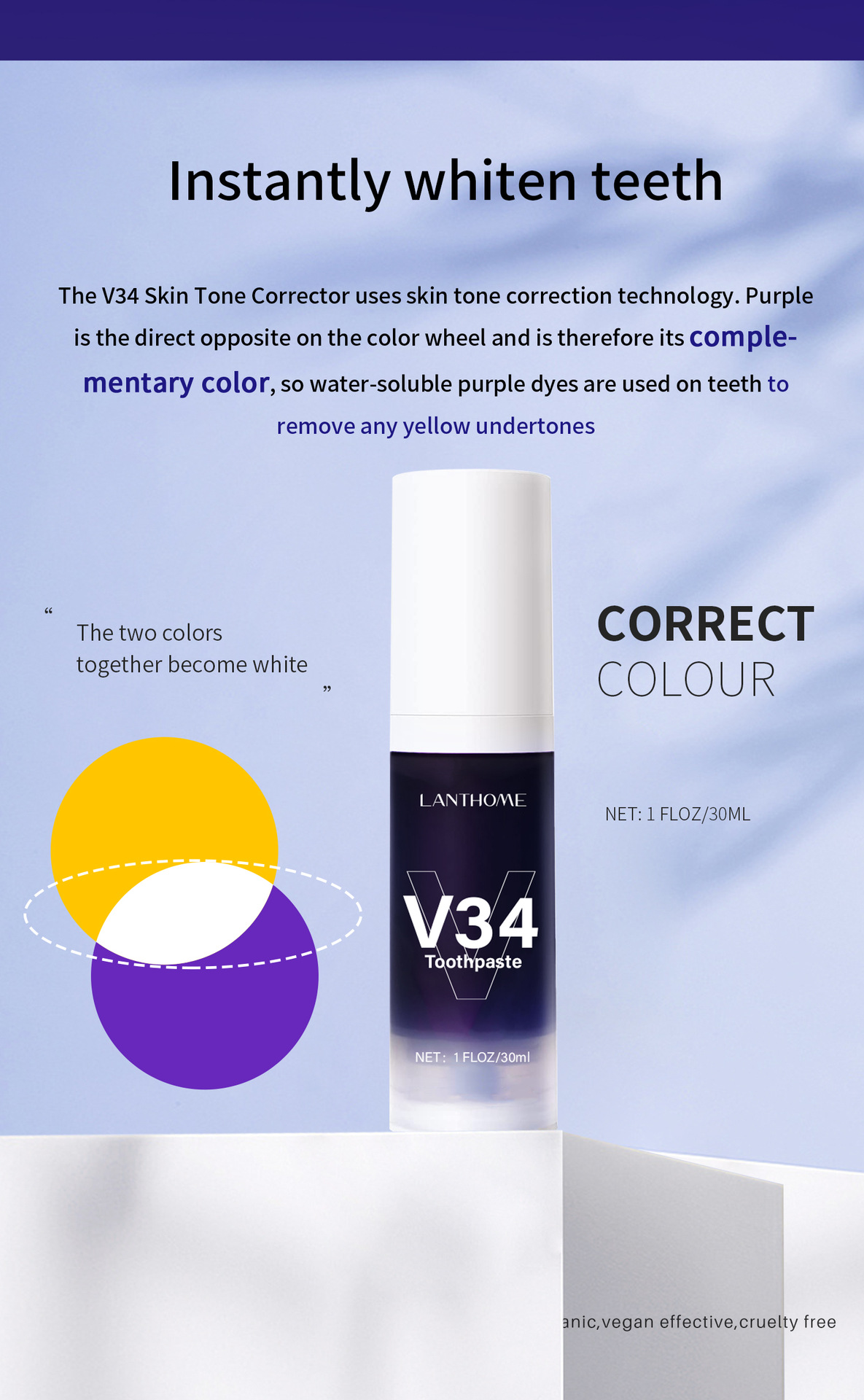 V34 Smile Tooth Whitening Toothpaste Plaque Removal Purple Corrector Tooth Whitening Toothpaste Enamel Care Easily Reduce Yellowing Oral Clean Care