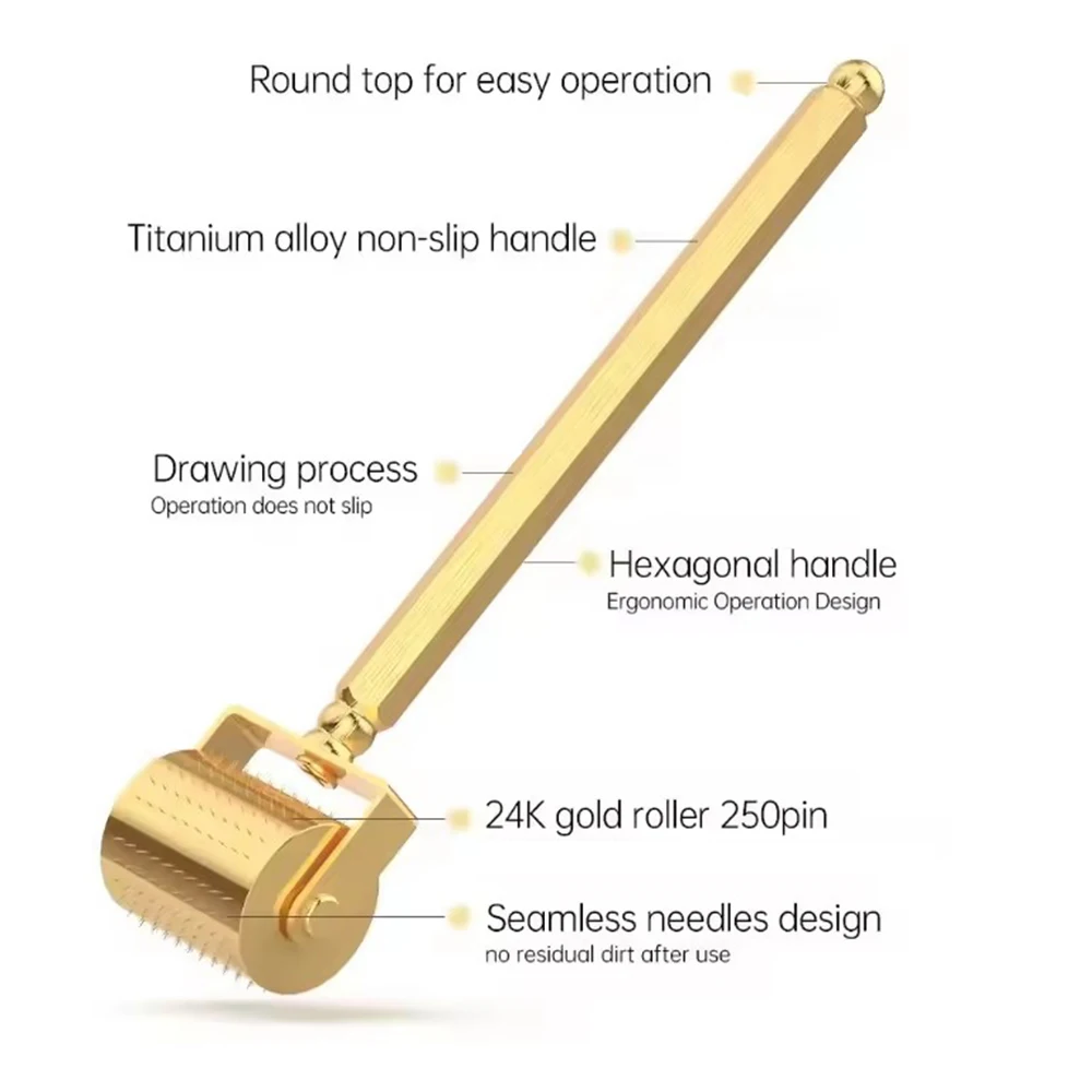 (0.25mm) Microneedle Roller Luxurious 24K Gold Micro Needle Roller DRS 250 Pin Titanium Derma Roller for Facial Skin Care Hair Beard Growth Treatment
