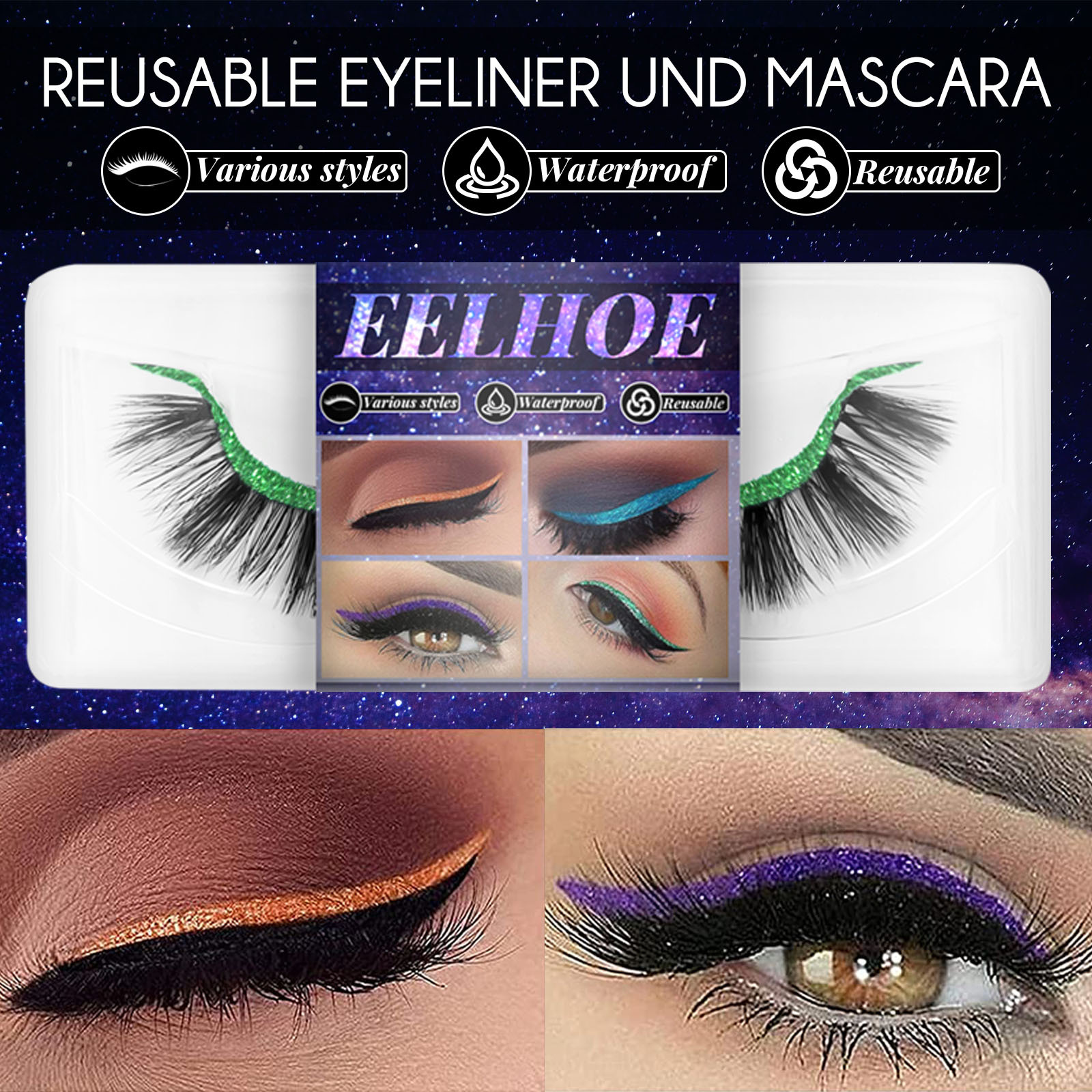 (Purple) EELHOE Eyelashes Eyeliner Stickers Eyelash Strips Self Adhesive False Eyelashes Soft Natural Curl Thick False Eyelashes Eyeliner Stickers Eyeliner Stickers Cat Eye One Size