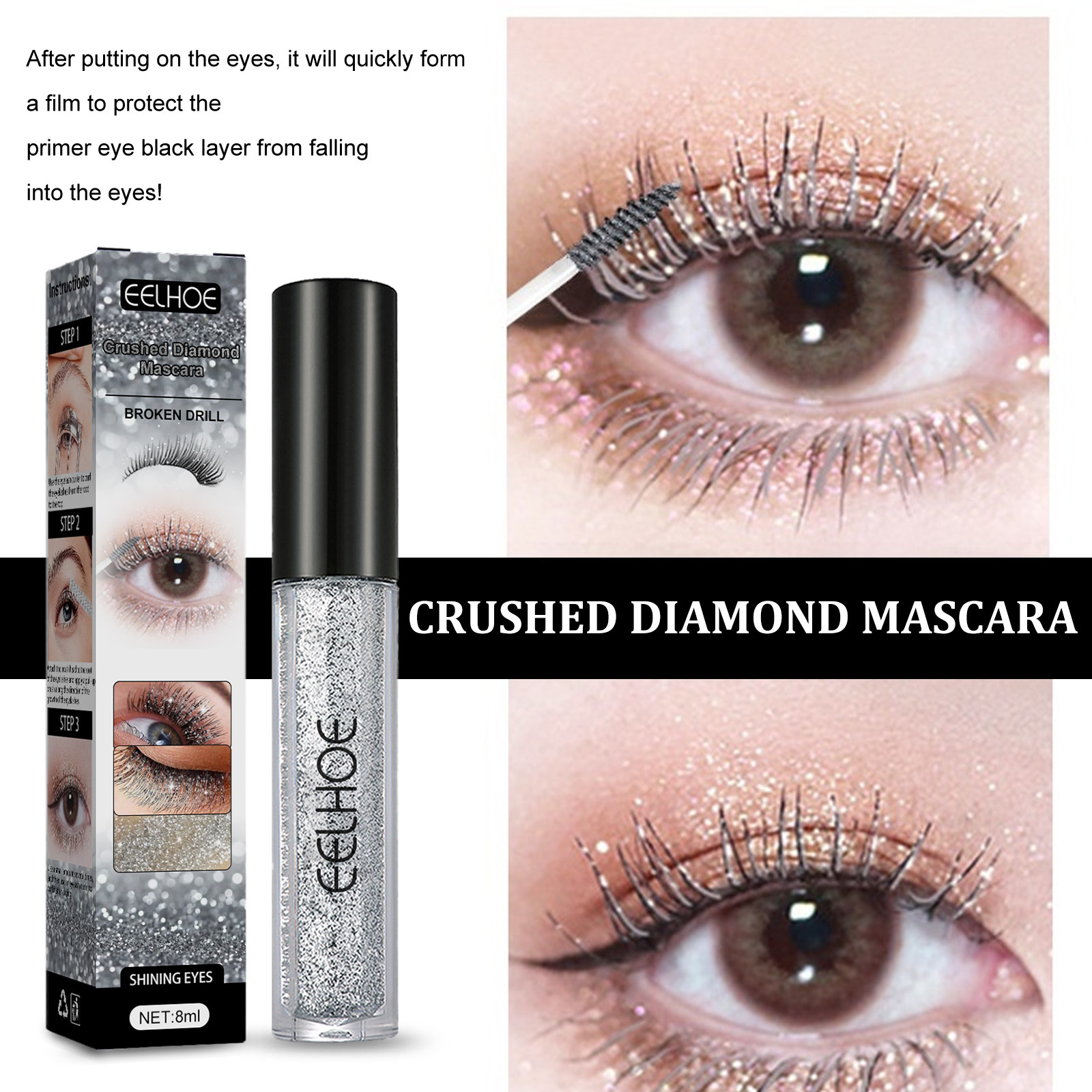 (1pc Mascara) Diamond Glitter Mascara Quick Dry Long Lasting Waterproof Curling Thick Shiny Eyelash Sexy Mascara Stereotyping Shining Beauty Makeup  Cosmetics Tool UK