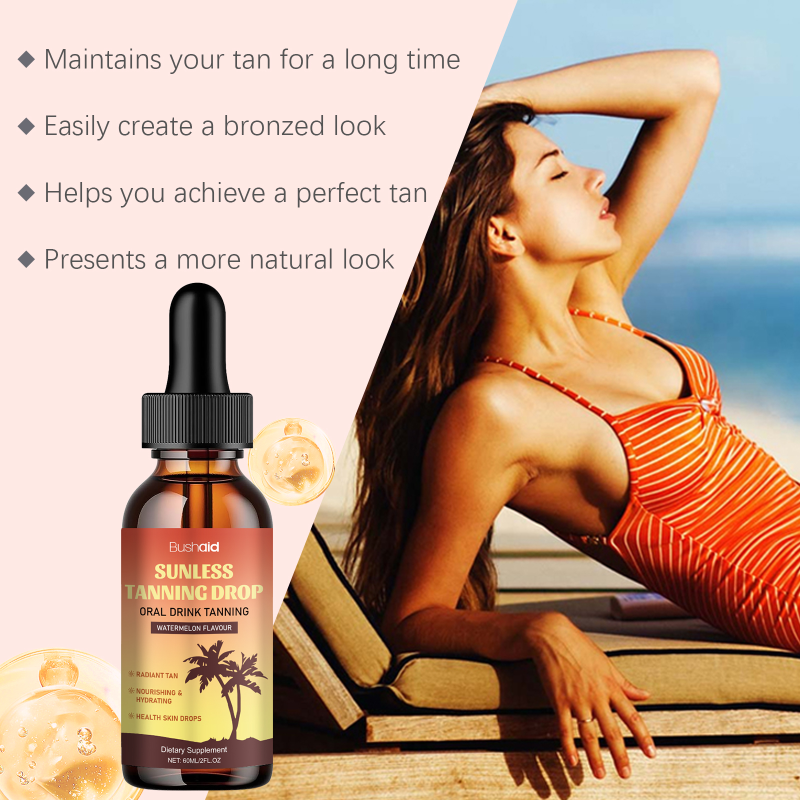 Sunless Tanning Drops Oral Drink Tanning Self Sunless Tan Drops for Face and Body Promotes Natural 60ml