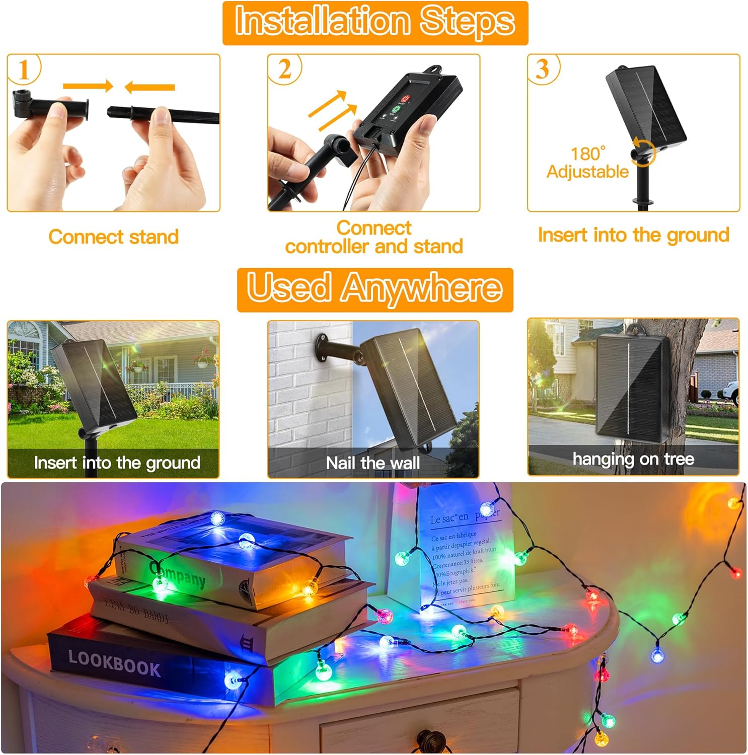 (Warm White) Solar Lights Outdoor Garden 12m 100LEDs Fairy Lights Solar Powered Waterproof Warm White Crystal Ball 8 Modes Globe String Lights for Outside Indoor Gazebo Wedd