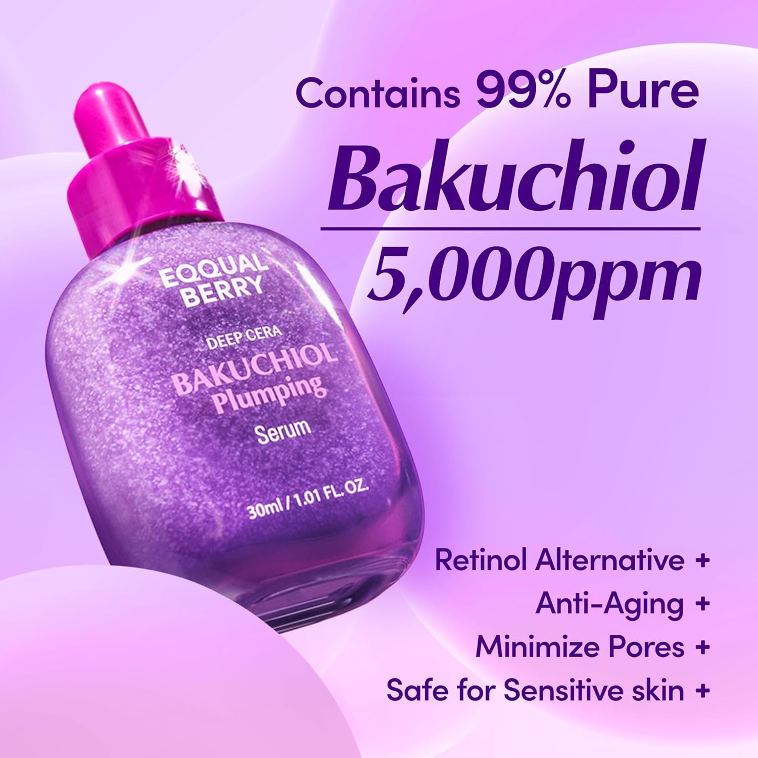EQQUALBERRY Bakuchiol Plumping Face Serum 30ml Hydrating Skin Texture Supporting Serum with Bakuchiol Niacinamide Hyaluronic Acid Day Night for All Skin Types