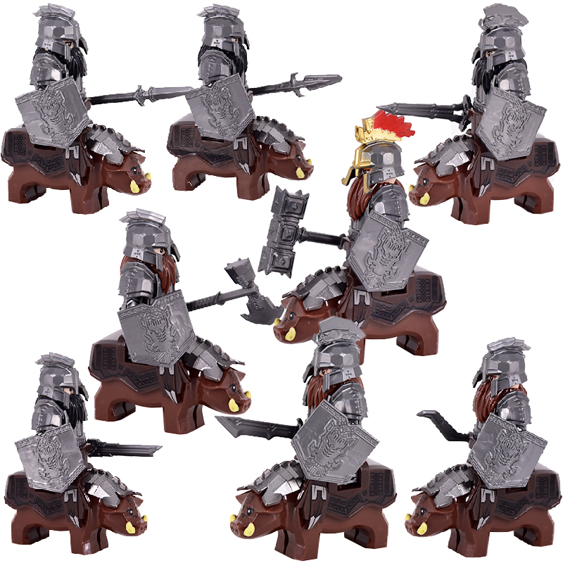 (8 PCS A) Medieval Asgard Soldier Lotr Dwarf Boar Goat Chariot Animals Figures Model Building Blocks Lord Bricks Toys Gift For Children