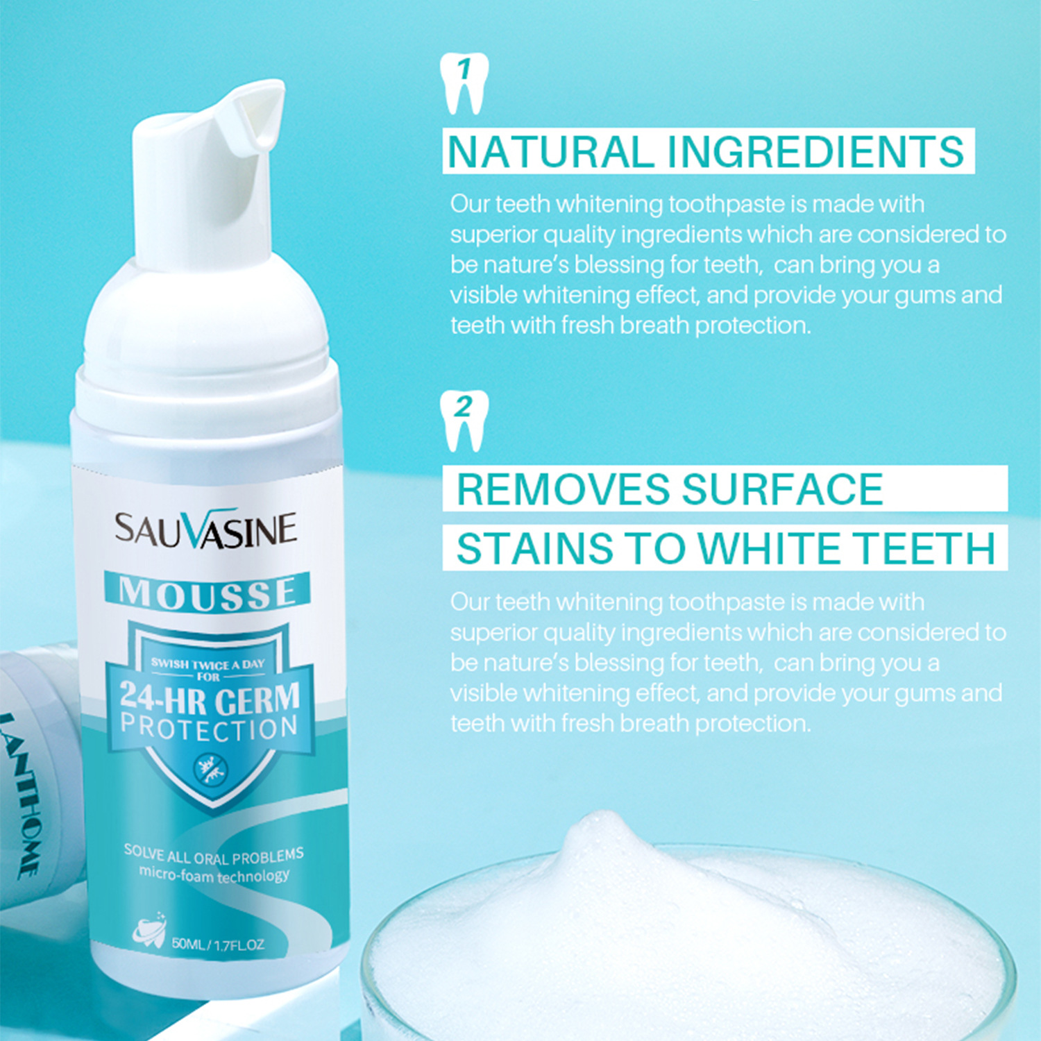 Teeth Whitening Mousse Foam Oral Care Stain Removal Breath Freshening Press Type Toothpaste Daily Use Travel Portable