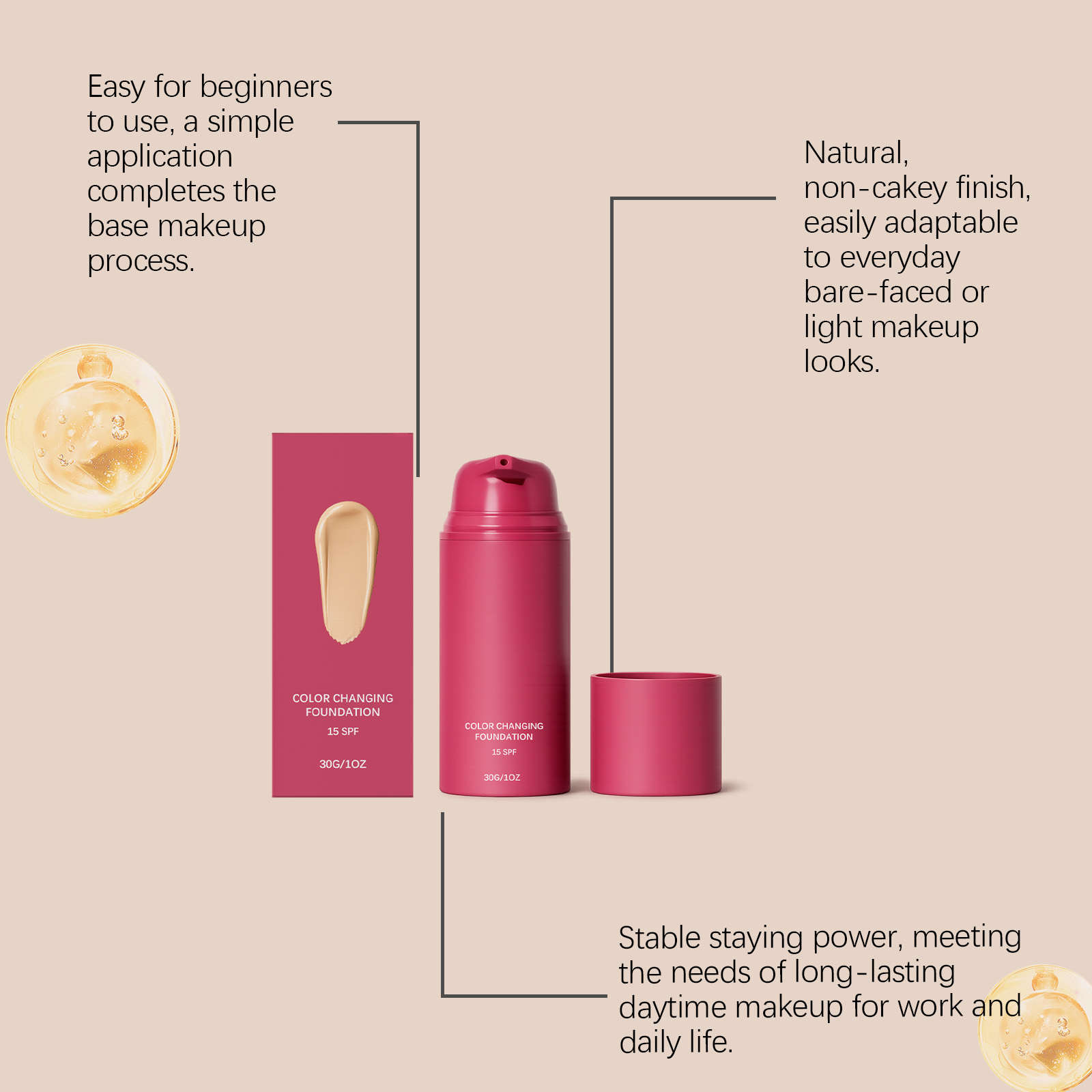 Natural Warm Tone Adjust Foundation Facial Even Soft Makeup Longwear Glossy Delicate Sheer Liquid Base Skin Cosmetic