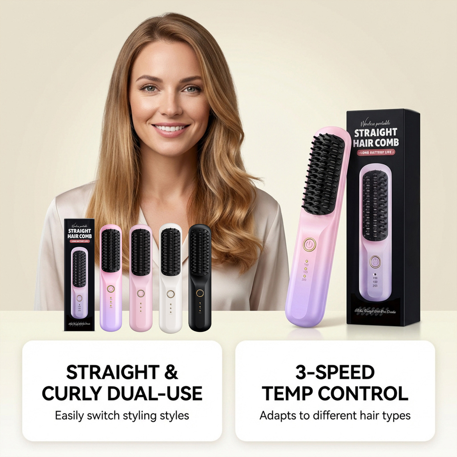 Gradient Color Portable Wireless Hair Straightening Comb Daily Scalp Massage Hair Care Styling