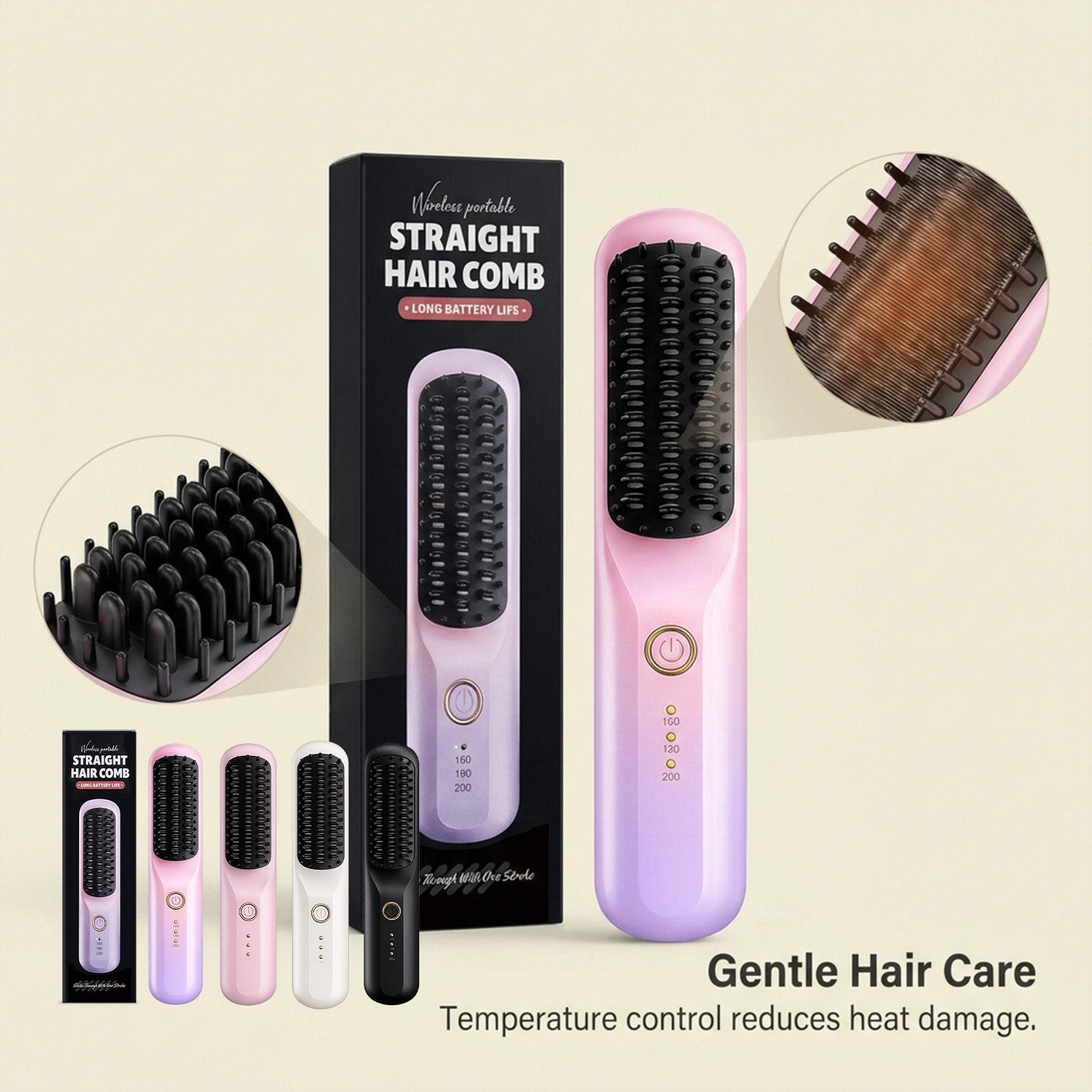 Gradient Color Portable Wireless Hair Straightening Comb Daily Scalp Massage Hair Care Styling